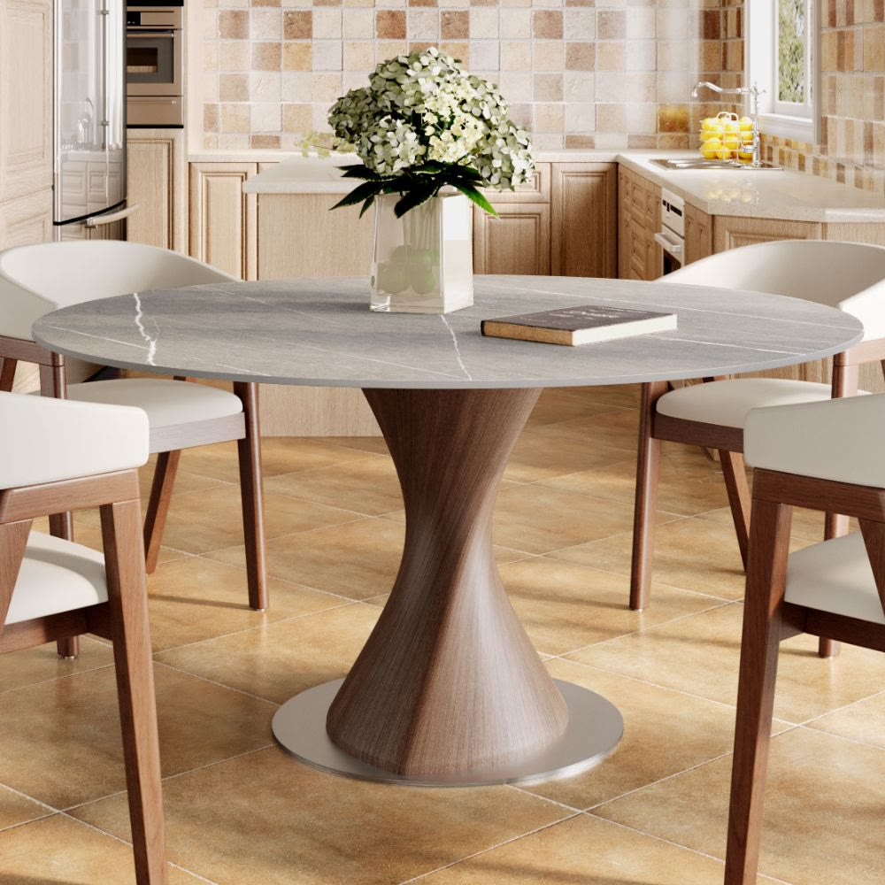 Verona Dark Walnut Solid Wood Pedestal Dining Table with Gray Stone Top - 59.05'' W X 59.05'' D X 29.53'' H - image 0