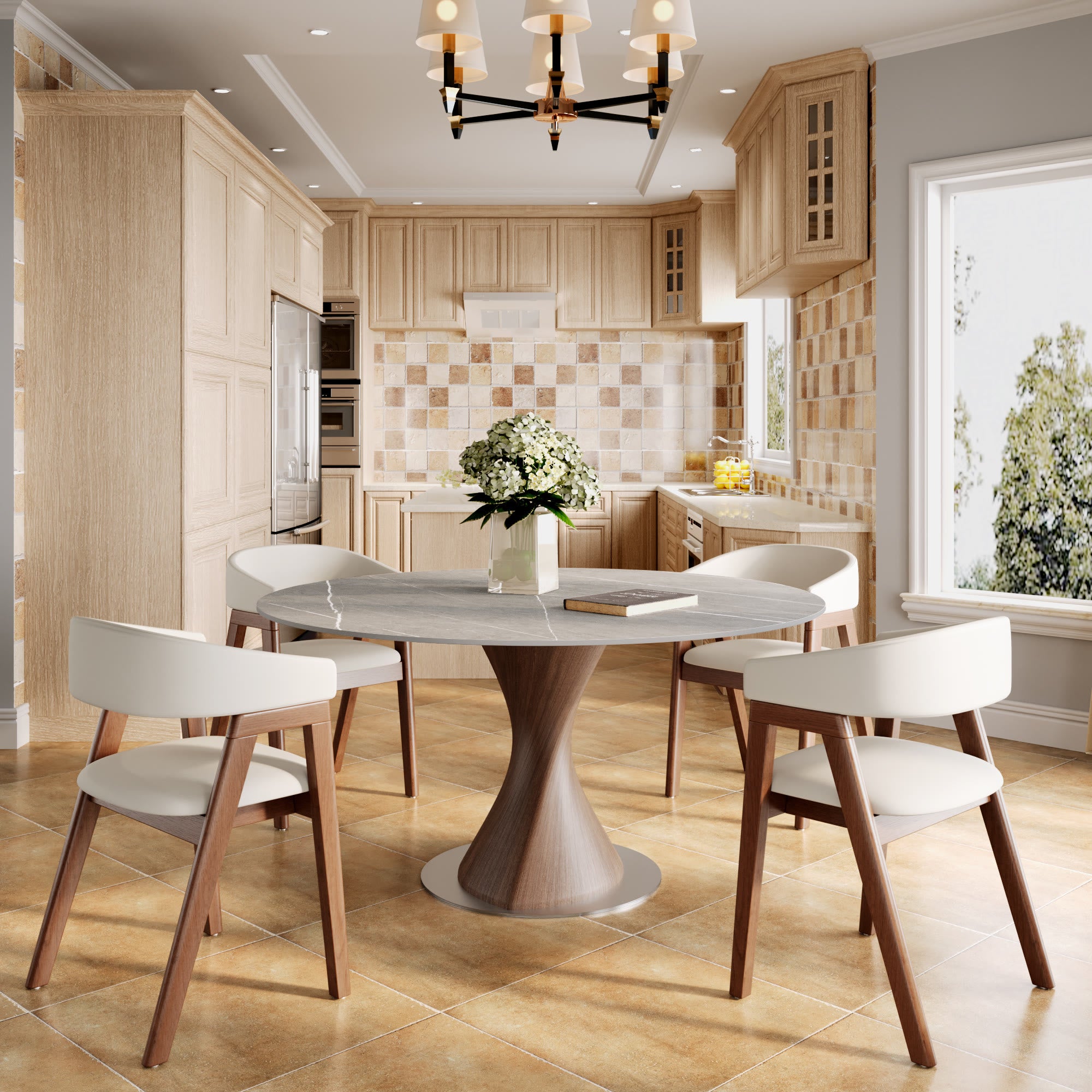 Verona Dark Walnut Solid Wood Pedestal Dining Table with Gray Stone Top - image 3