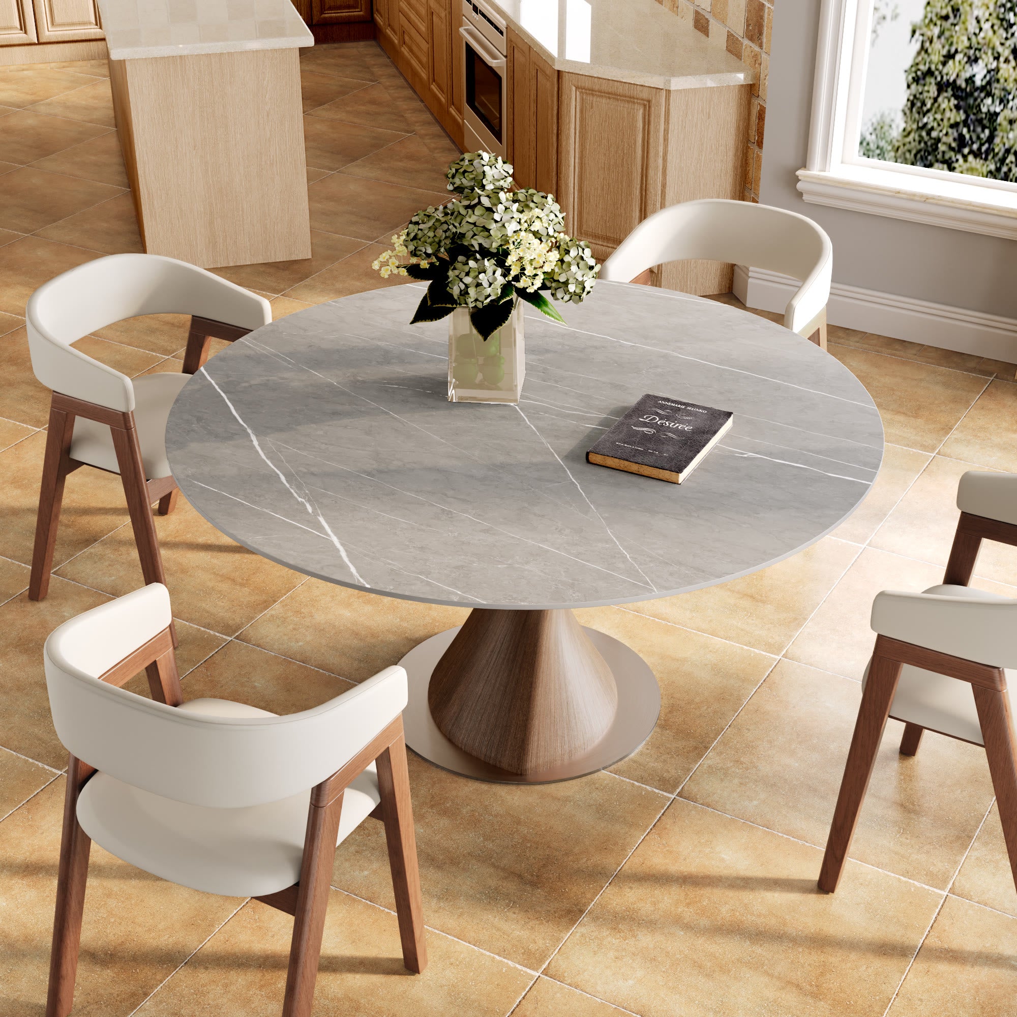 Verona Dark Walnut Solid Wood Pedestal Dining Table with Gray Stone Top - image 4