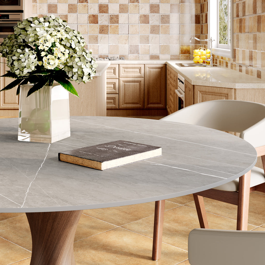 Verona Dark Walnut Solid Wood Pedestal Dining Table with Gray Stone Top - image 9