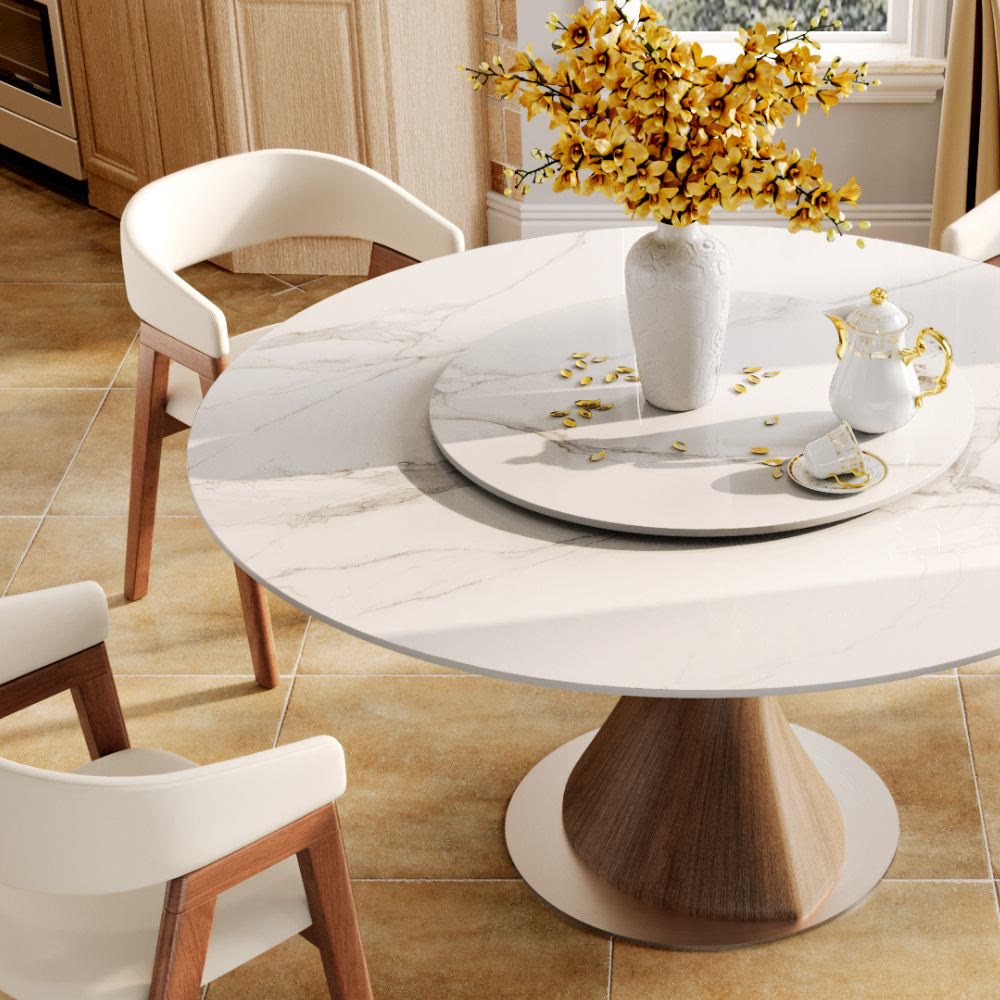 Verona Dark Walnut Round Solid Wood Pedestal Dining Table with White Stone Removable Lazy Susan - image 3
