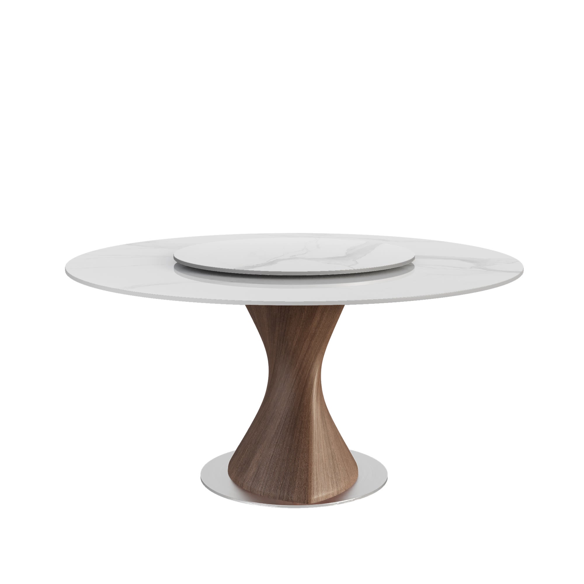 Verona Dark Walnut Round Solid Wood Pedestal Dining Table with White Stone Removable Lazy Susan - image 1