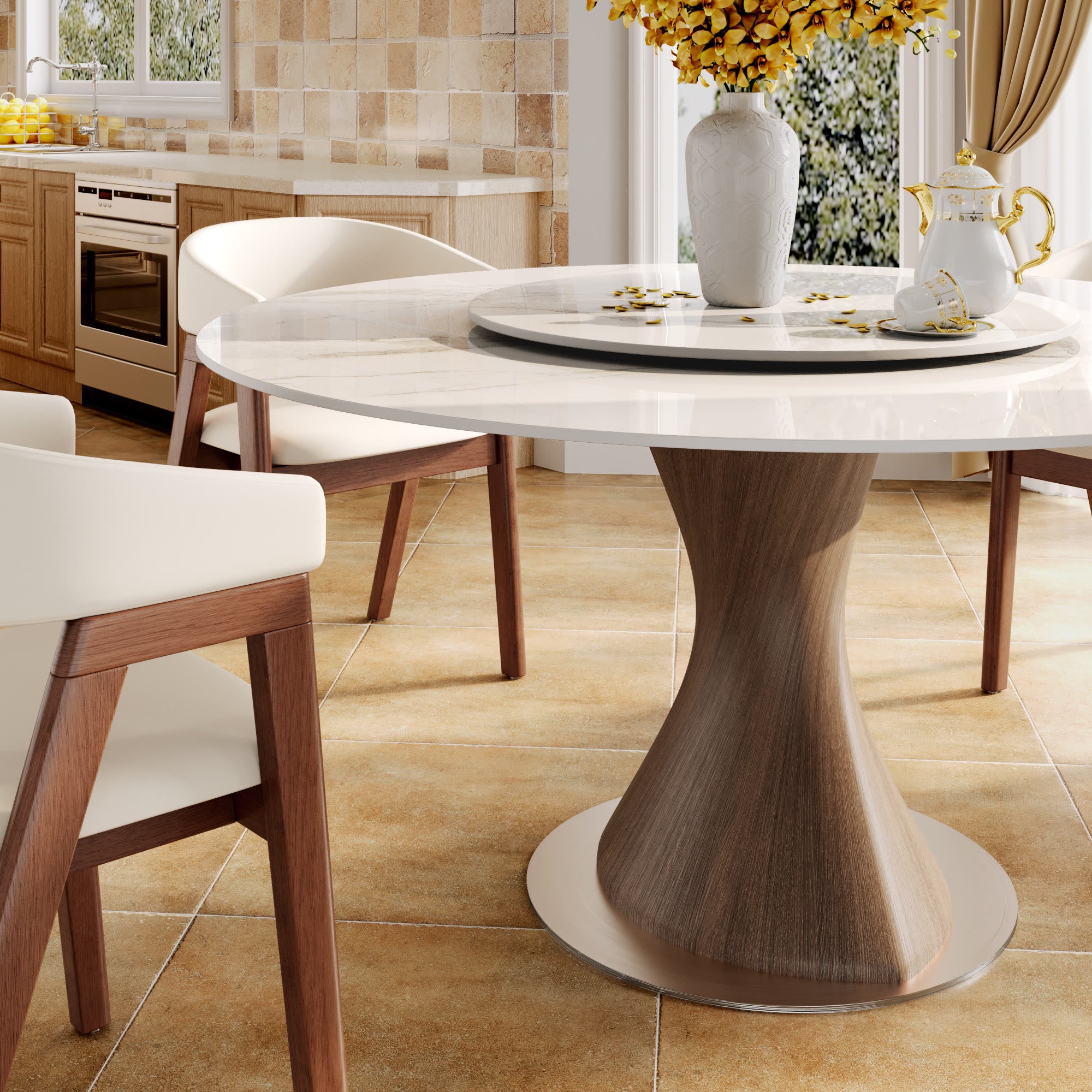 Verona Dark Walnut Round Solid Wood Pedestal Dining Table with White Stone Removable Lazy Susan - image 2