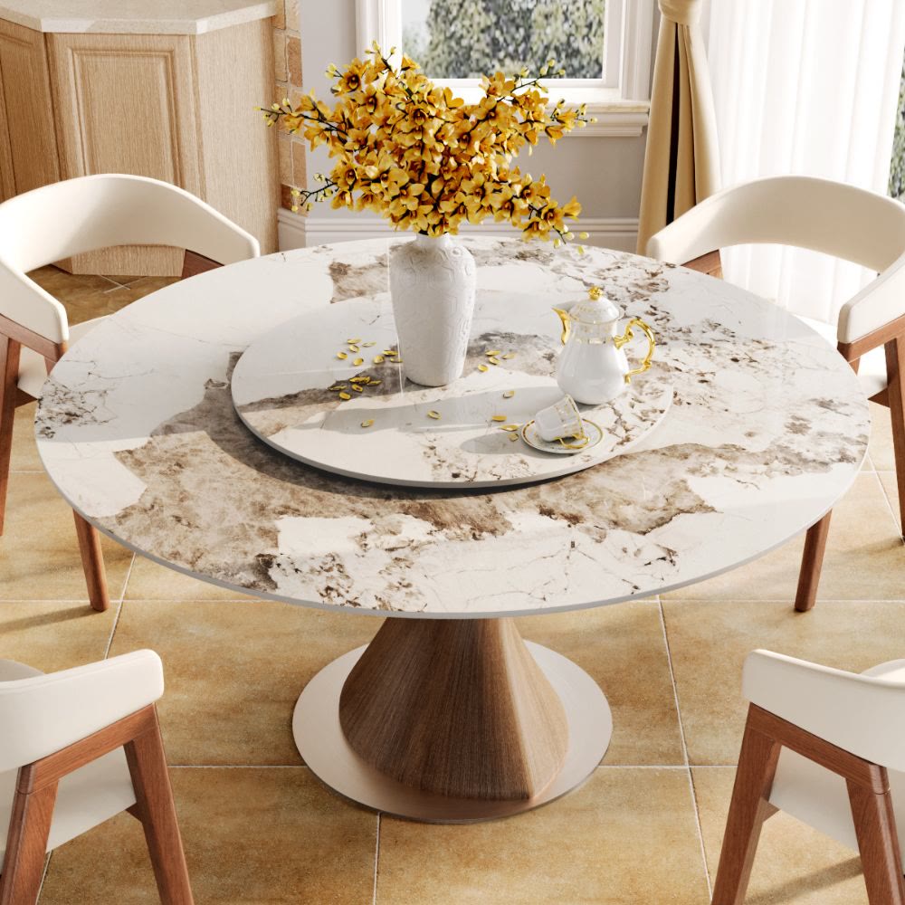 Verona Dark Walnut Round Solid Wood Pedestal Dining Table with Pandora Stone Removable Lazy Susan - image 3