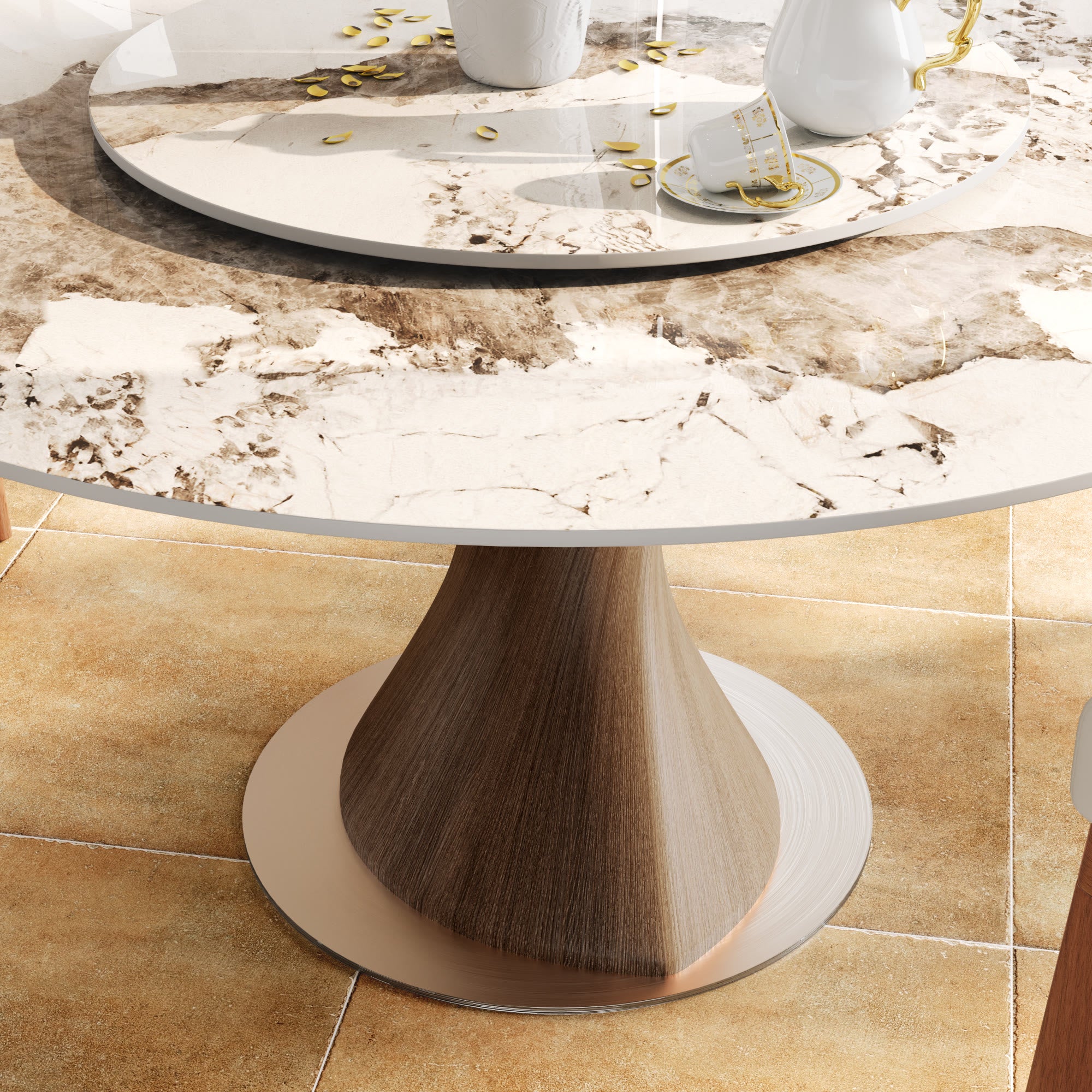 Verona Dark Walnut Round Solid Wood Pedestal Dining Table with Pandora Stone Removable Lazy Susan - image 8