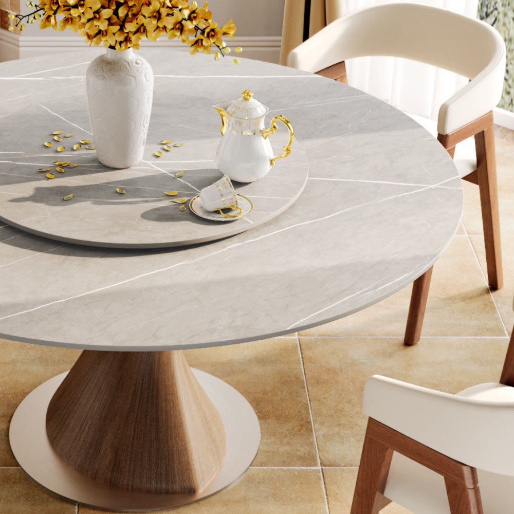 Verona Dark Walnut Round Solid Wood Pedestal Dining Table with Gray Stone Removable Lazy Susan - image 2