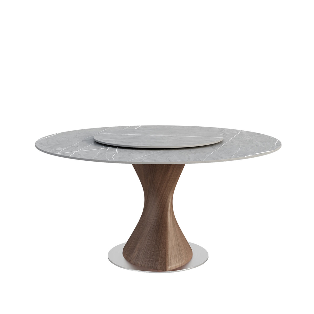 Verona Dark Walnut Round Solid Wood Pedestal Dining Table with Gray Stone Removable Lazy Susan - image 1