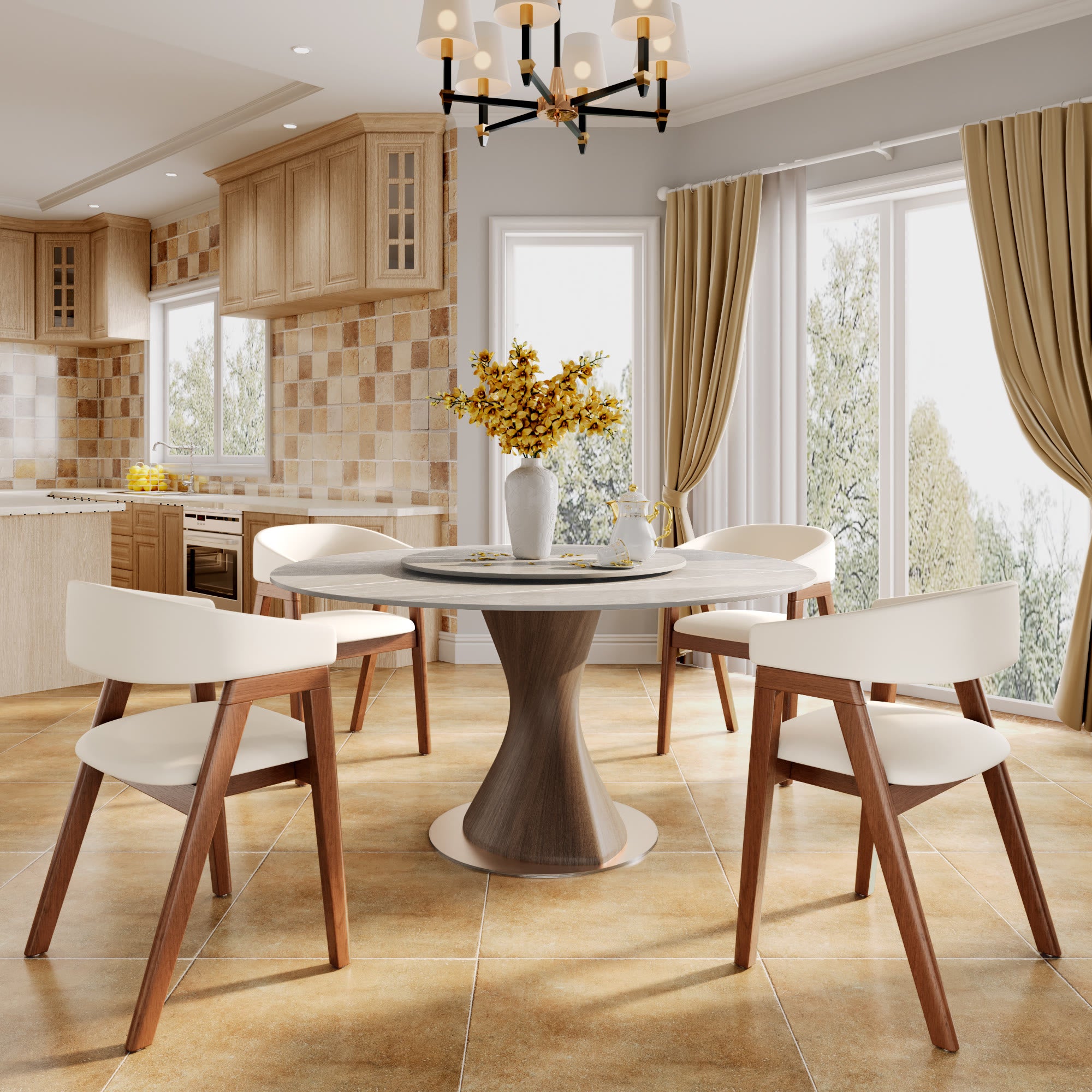 Verona Dark Walnut Round Solid Wood Pedestal Dining Table with Gray Stone Removable Lazy Susan - image 4