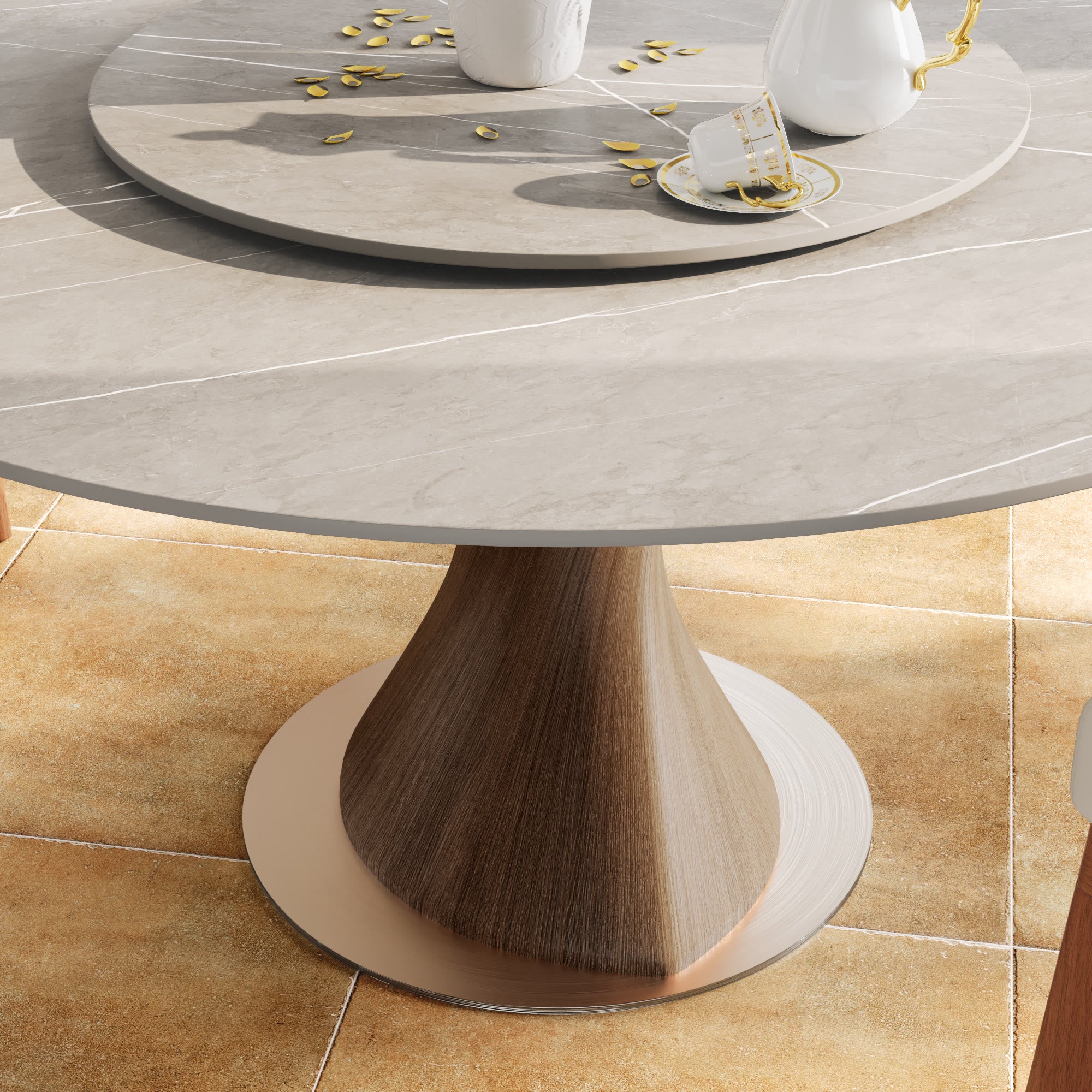 Verona Dark Walnut Round Solid Wood Pedestal Dining Table with Gray Stone Removable Lazy Susan - image 8