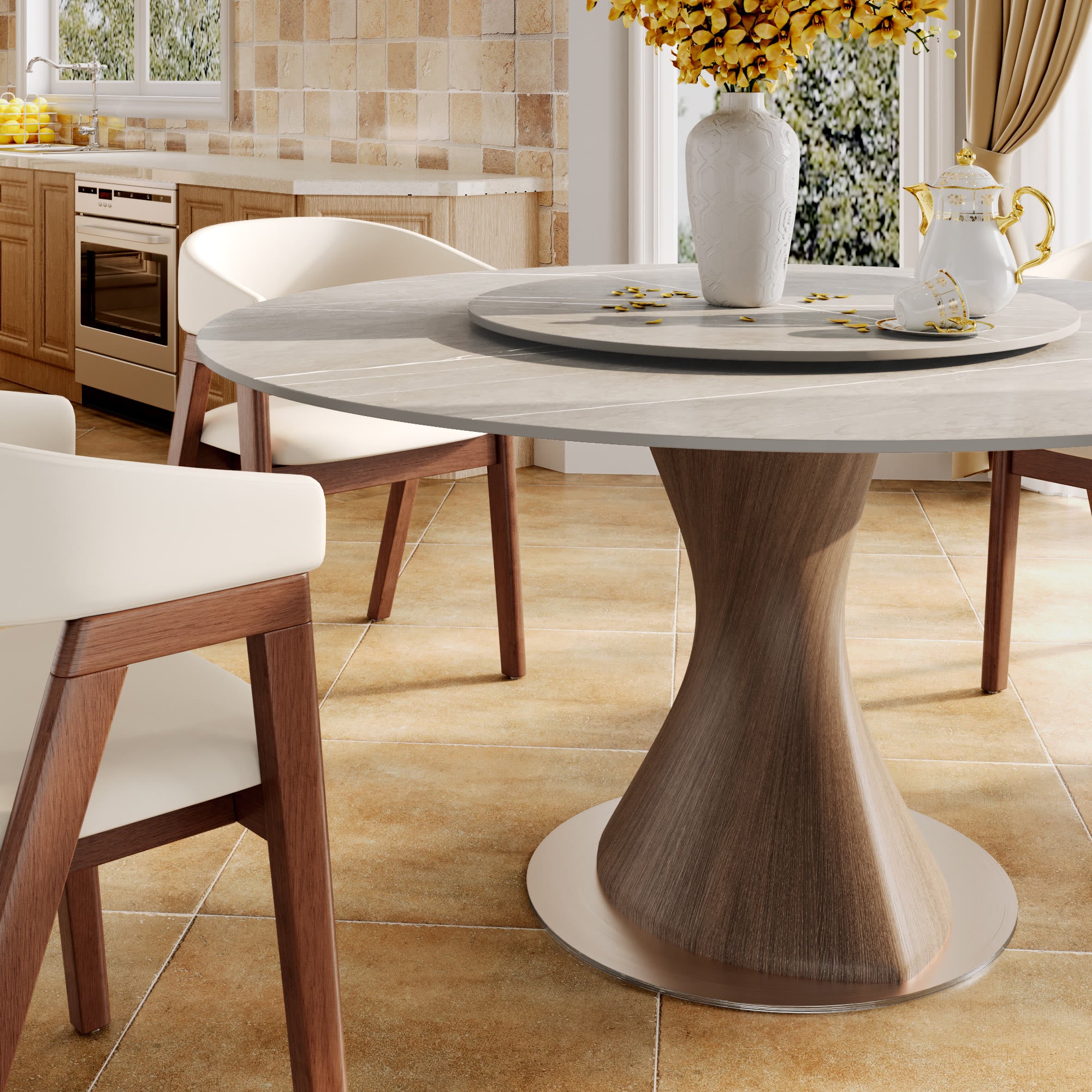Verona Dark Walnut Round Solid Wood Pedestal Dining Table with Gray Stone Removable Lazy Susan - image 3