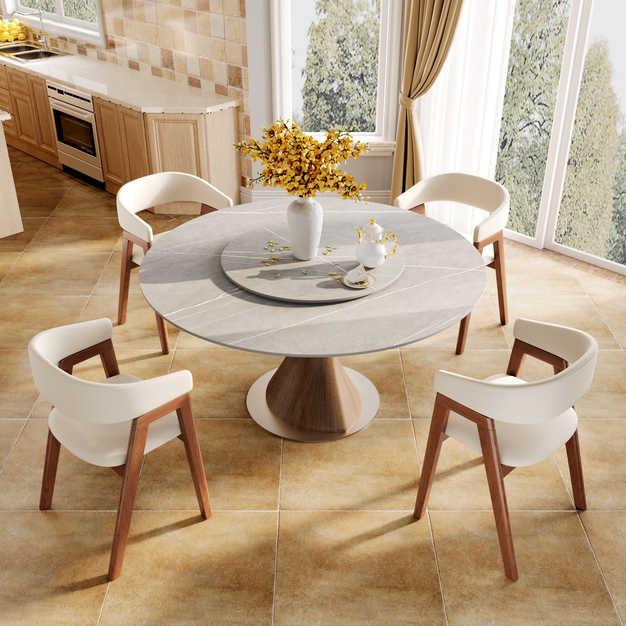 Verona Dark Walnut Round Solid Wood Pedestal Dining Table with Gray Stone Removable Lazy Susan - image 5