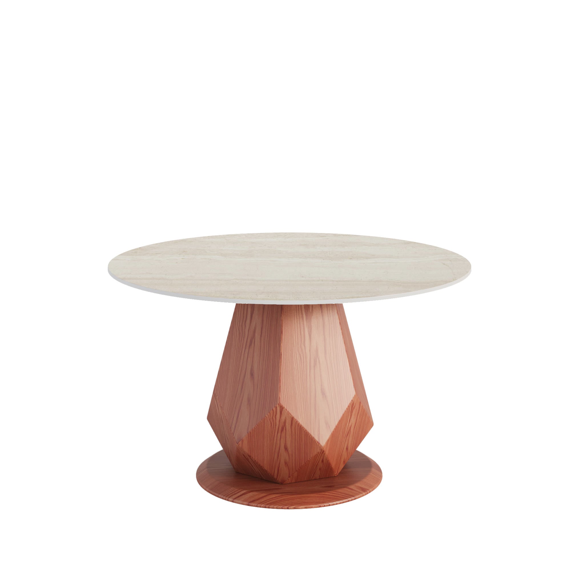 Prisma Red Walnut Round Solid Wood Pedestal Dining Table with Travertine Stone Top - image 1
