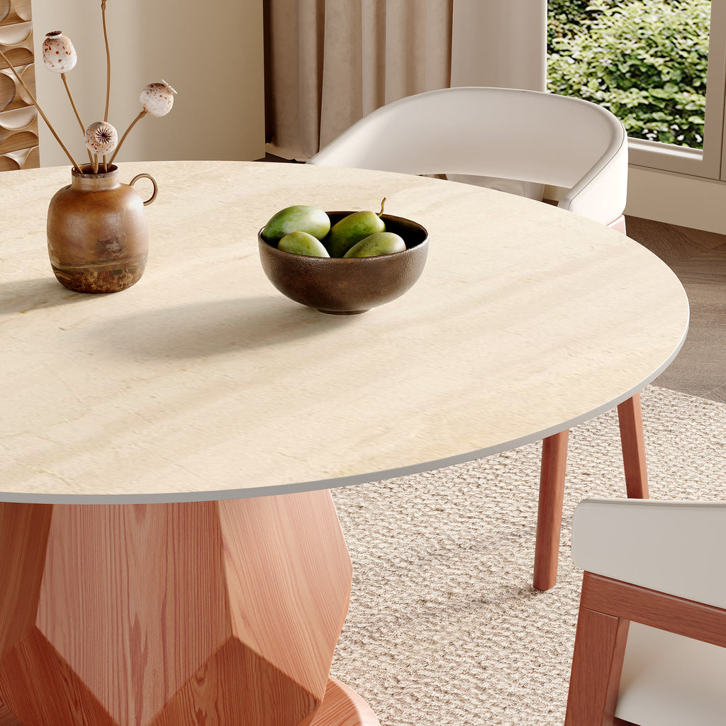 Prisma Red Walnut Round Solid Wood Pedestal Dining Table with Travertine Stone Top - image 4