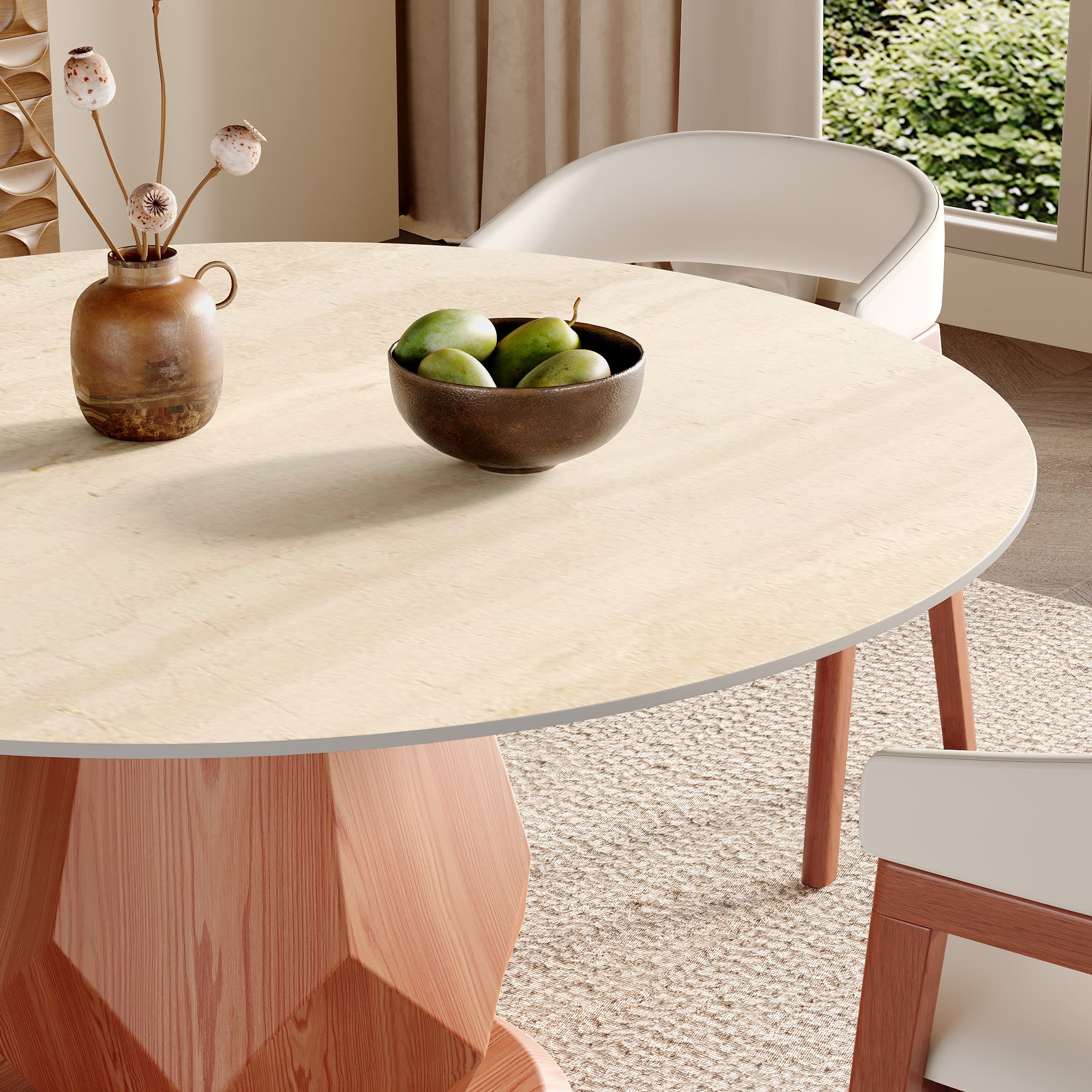Prisma Red Walnut Round Solid Wood Pedestal Dining Table with Travertine Stone Top - image 4