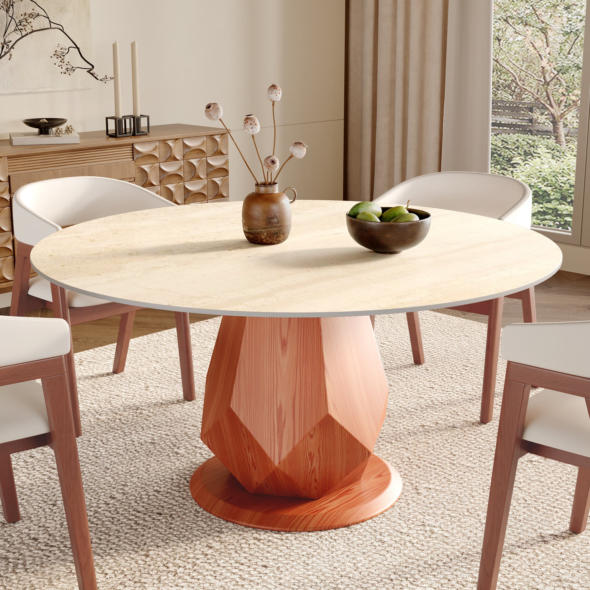 Prisma Red Walnut Round Solid Wood Pedestal Dining Table with Travertine Stone Top - 59.05'' W X 59.05'' D X 29.53'' H - image 0