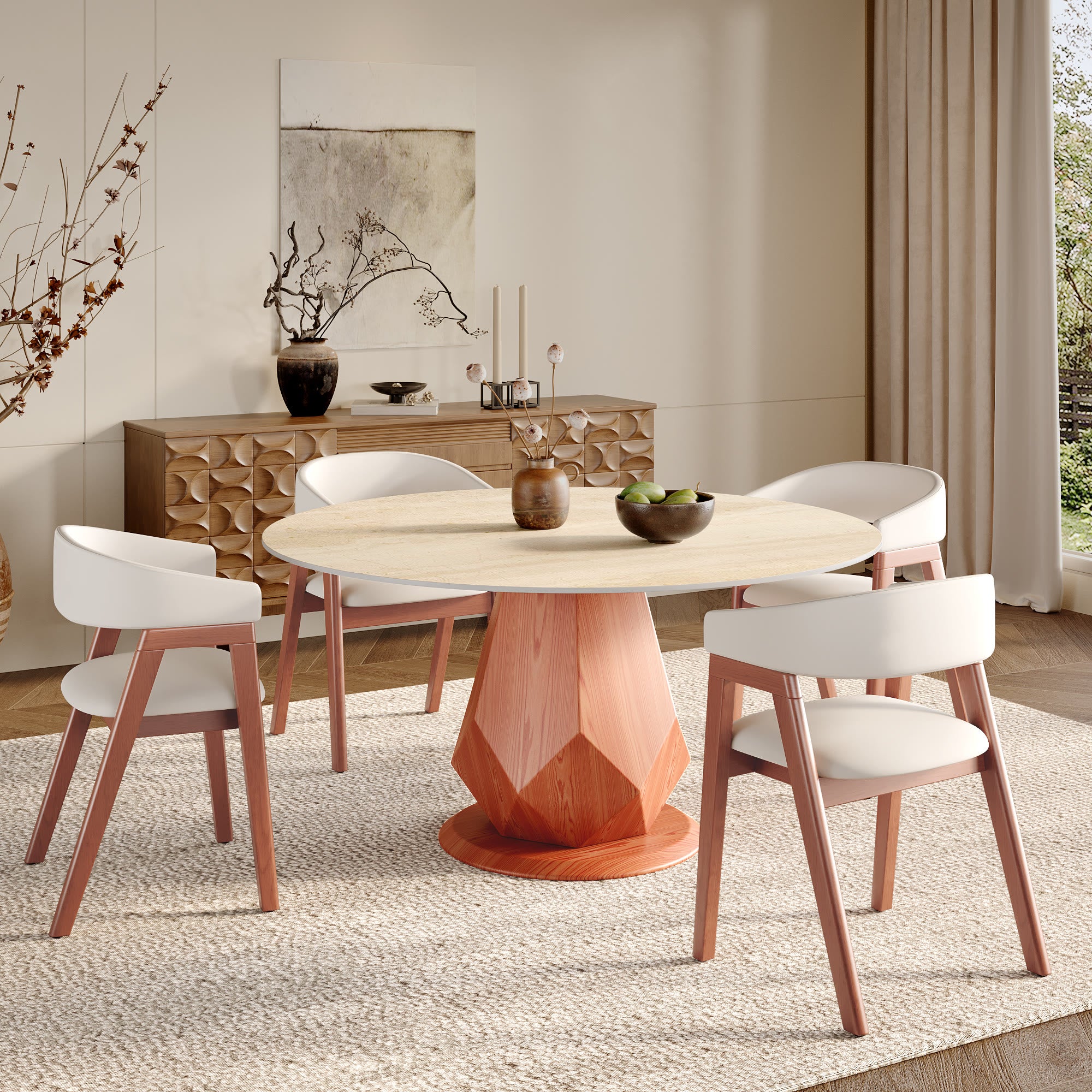 Prisma Red Walnut Round Solid Wood Pedestal Dining Table with Travertine Stone Top - image 5