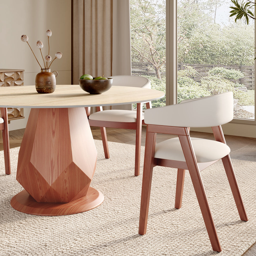 Prisma Red Walnut Round Solid Wood Pedestal Dining Table with Travertine Stone Top - image 3