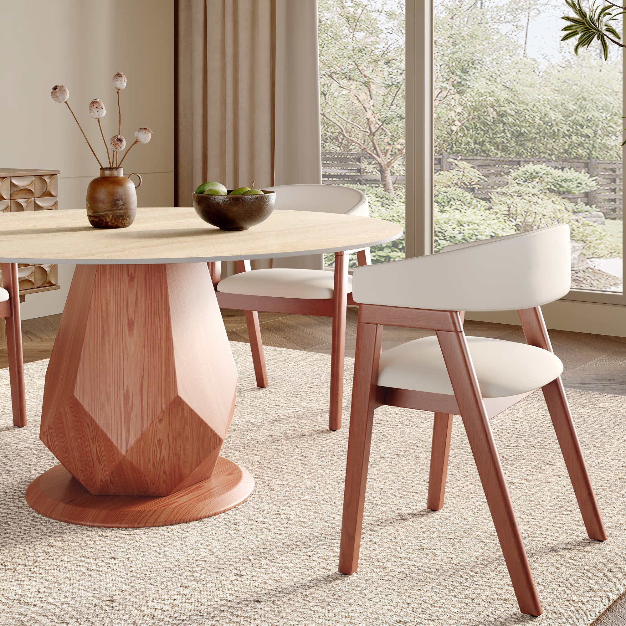 Prisma Red Walnut Round Solid Wood Pedestal Dining Table with Travertine Stone Top - image 3