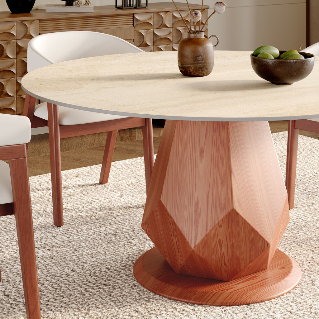 Prisma Red Walnut Round Solid Wood Pedestal Dining Table with Travertine Stone Top - image 2