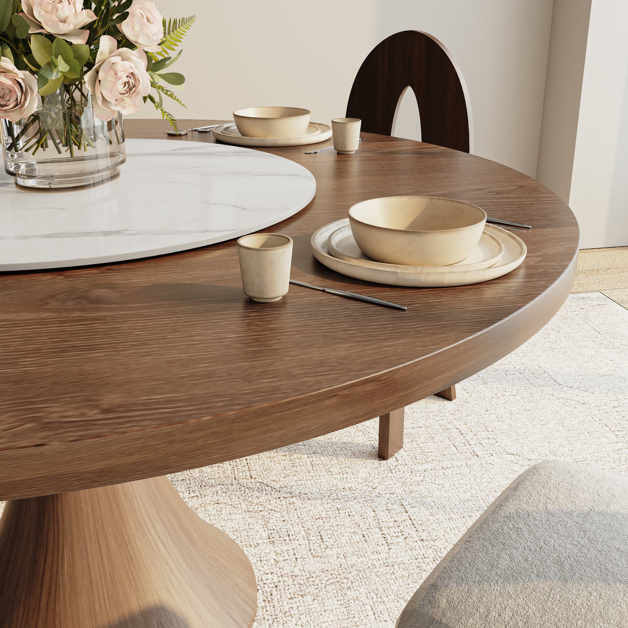 Aurelia Dark Walnut Round Solid Wood Pedestal Dining Table with Solid Wood Top and  Snow White Lazy Susan - image 3