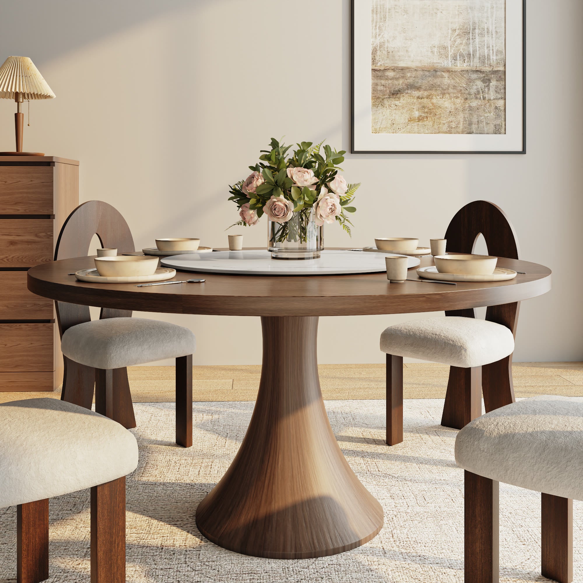 Aurelia Dark Walnut Round Solid Wood Pedestal Dining Table with Solid Wood Top and  Snow White Lazy Susan - 59.05'' W X 59.05'' D X 29.53'' H - image 0