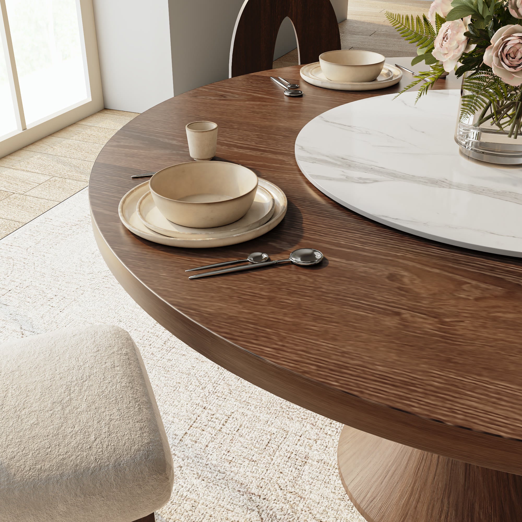 Aurelia Dark Walnut Round Solid Wood Pedestal Dining Table with Solid Wood Top and  Snow White Lazy Susan - image 2