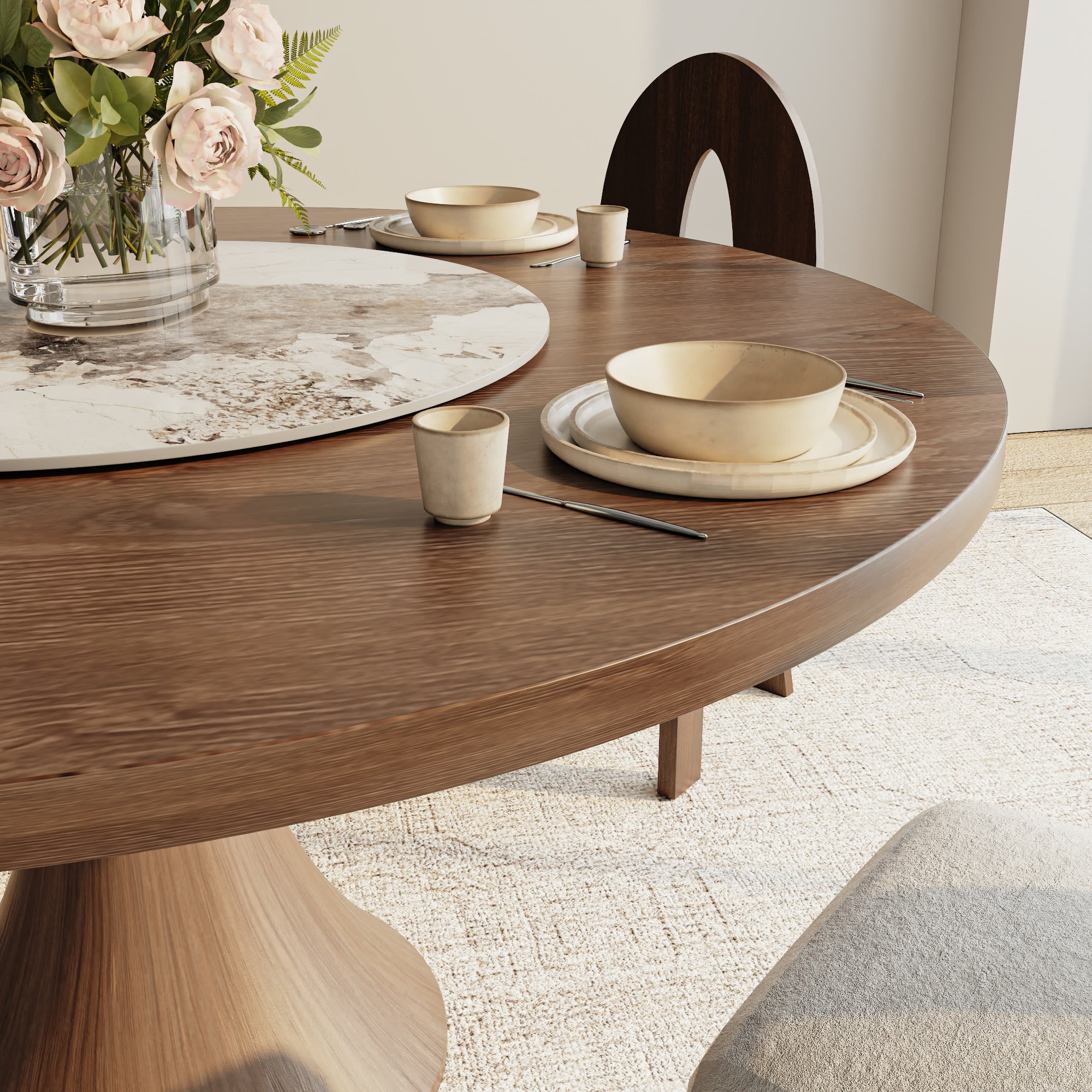 Aurelia Dark Walnut Round Solid Wood Pedestal Dining Table with Solid Wood Top and Pandora Stone Lazy Susan - image 3