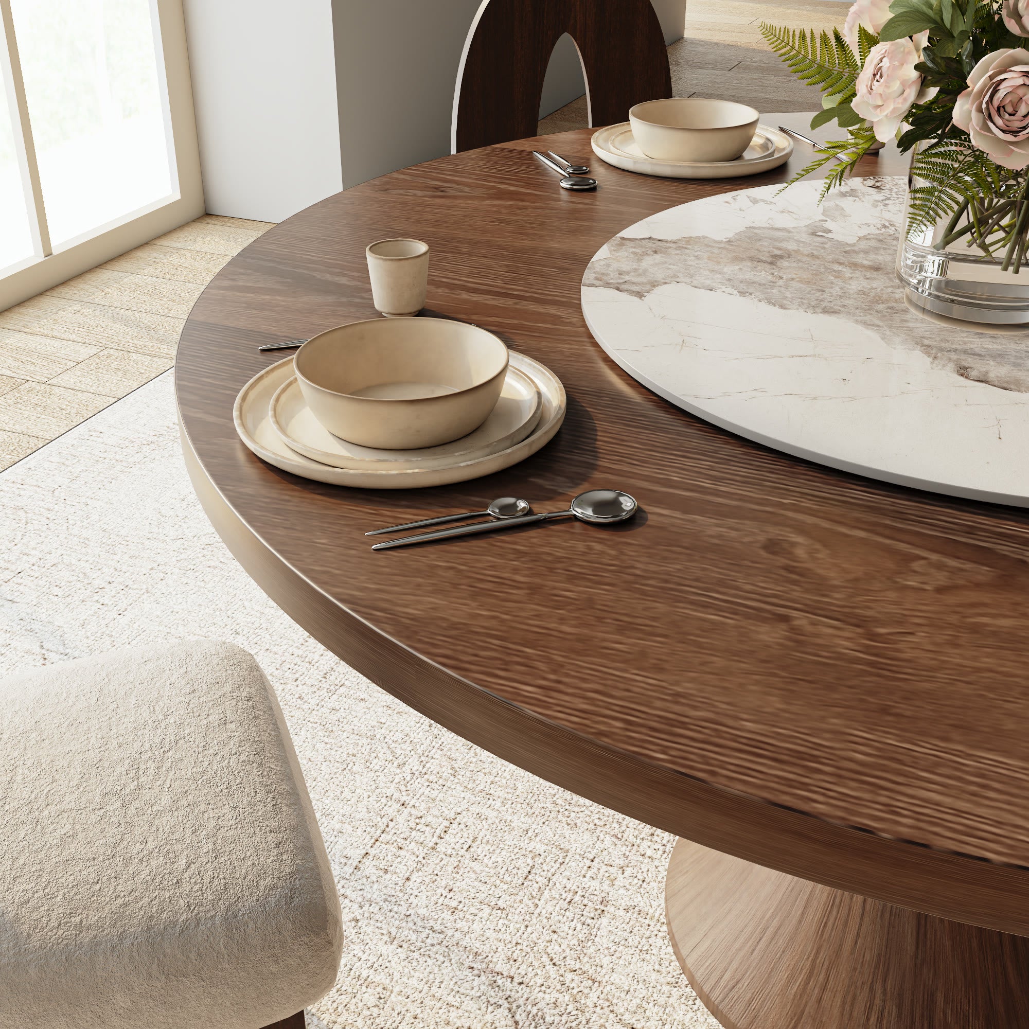 Aurelia Dark Walnut Round Solid Wood Pedestal Dining Table with Solid Wood Top and Pandora Stone Lazy Susan - image 2