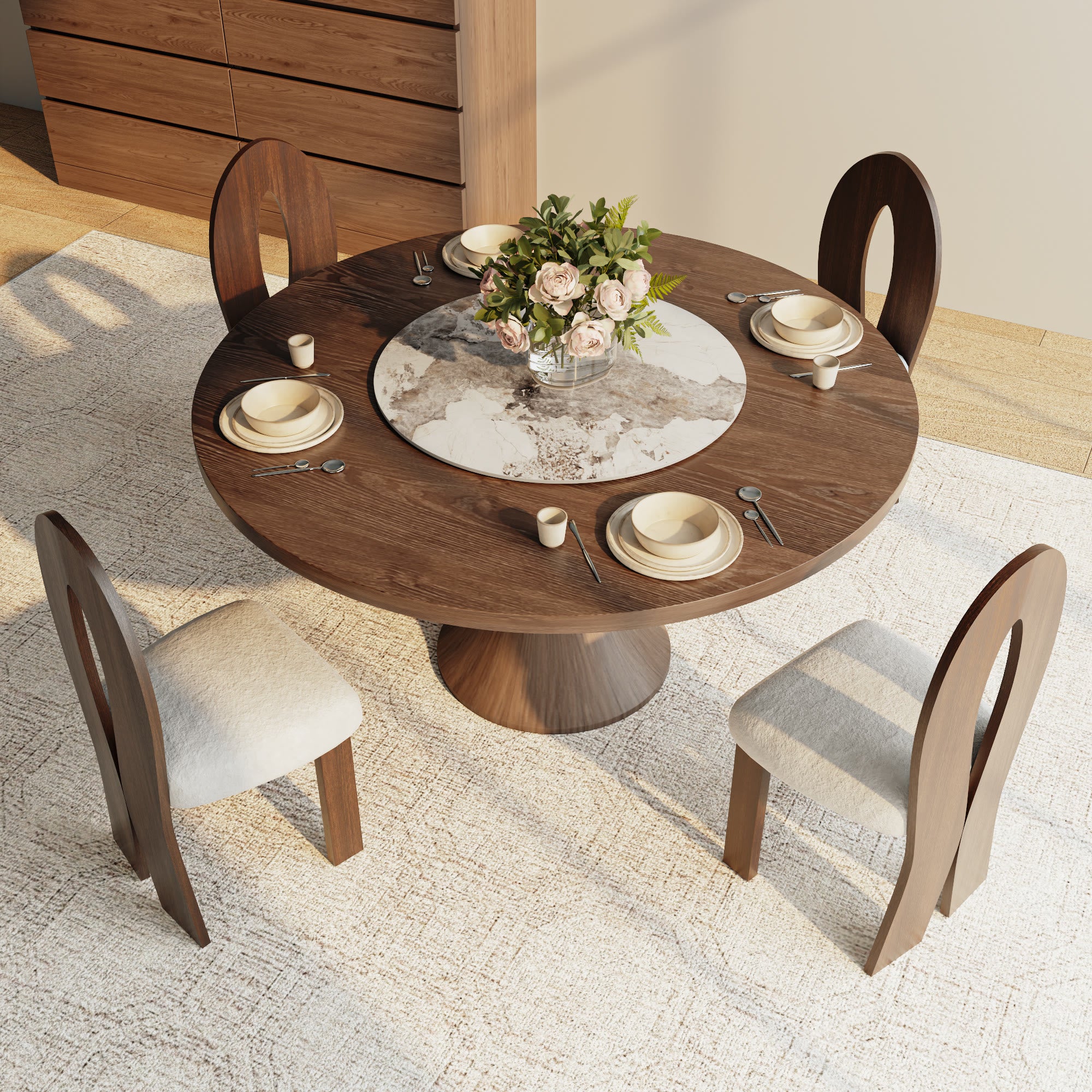 Aurelia Dark Walnut Round Solid Wood Pedestal Dining Table with Solid Wood Top and Pandora Stone Lazy Susan - image 5