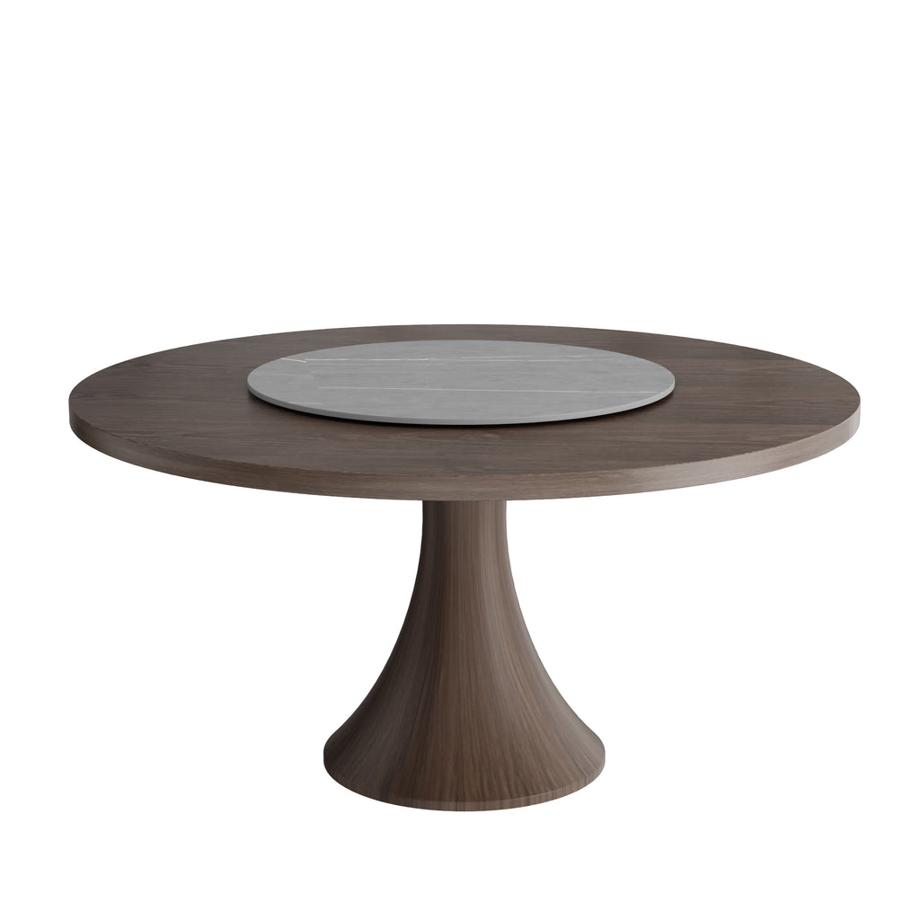 Aurelia Dark Walnut Round Solid Wood Pedestal Dining Table with Solid Wood Top and Grey Stone Lazy Susan - image 1