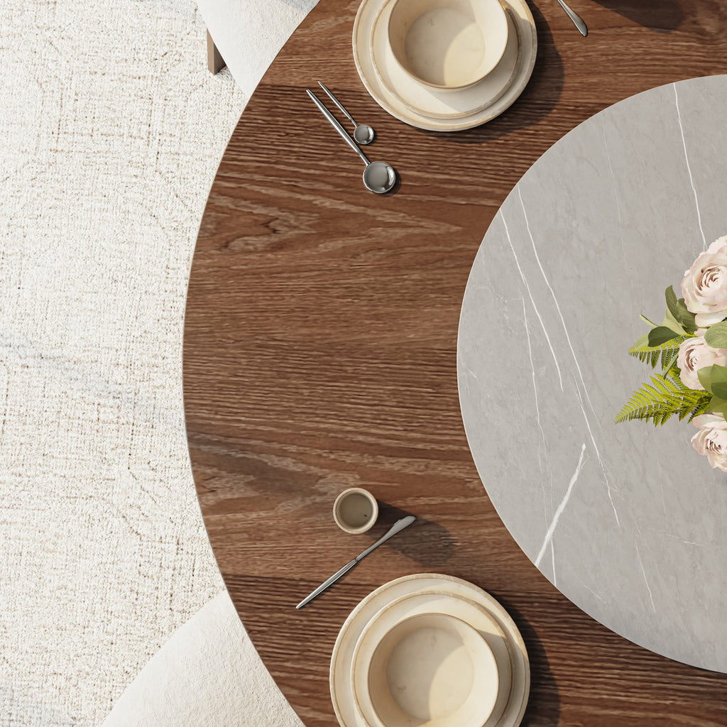 Aurelia Dark Walnut Round Solid Wood Pedestal Dining Table with Solid Wood Top and Grey Stone Lazy Susan - image 8