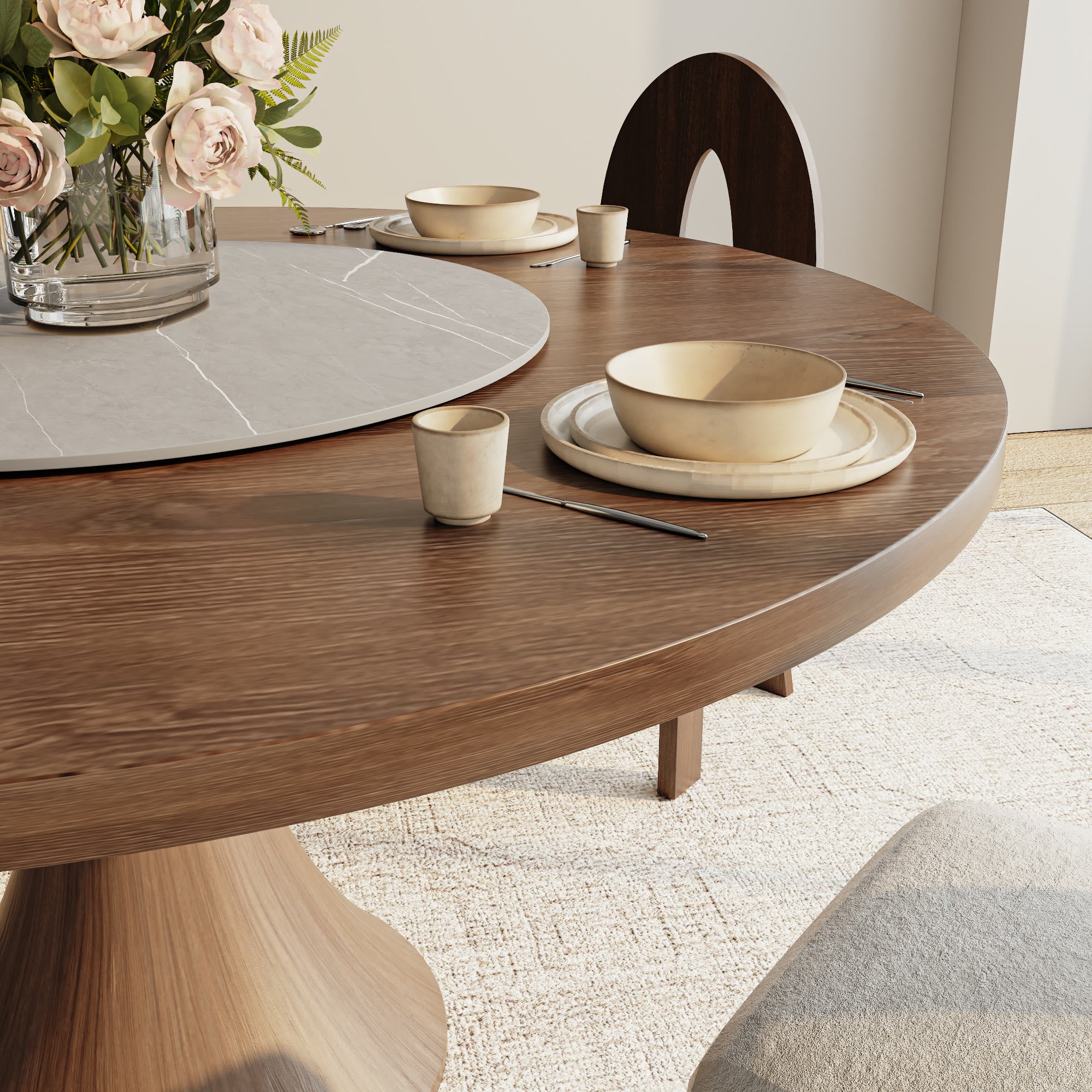 Aurelia Dark Walnut Round Solid Wood Pedestal Dining Table with Solid Wood Top and Grey Stone Lazy Susan - image 3