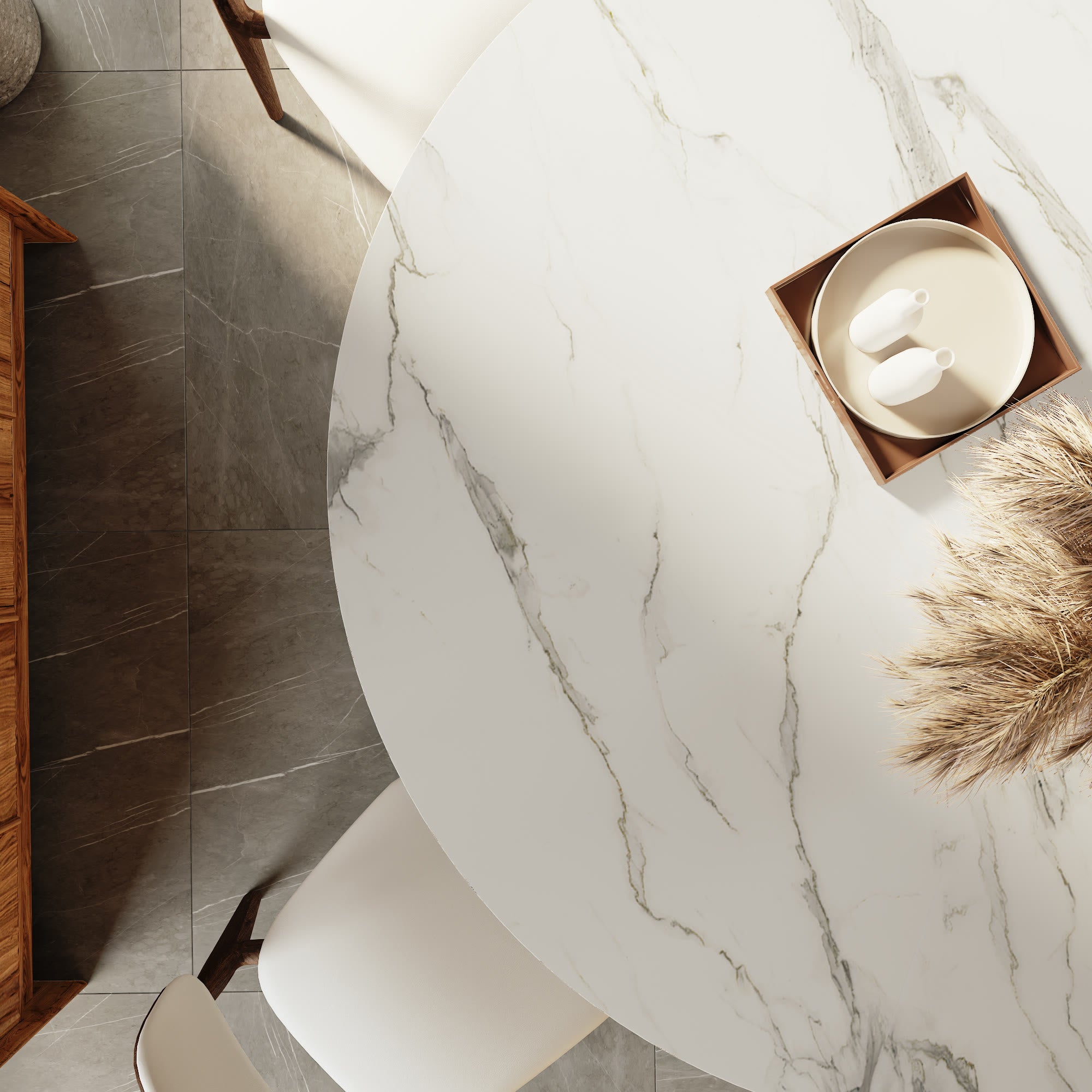 Aurelia Dark Walnut Round Solid Wood Pedestal Dining Table with Snow White Stone Top - image 9