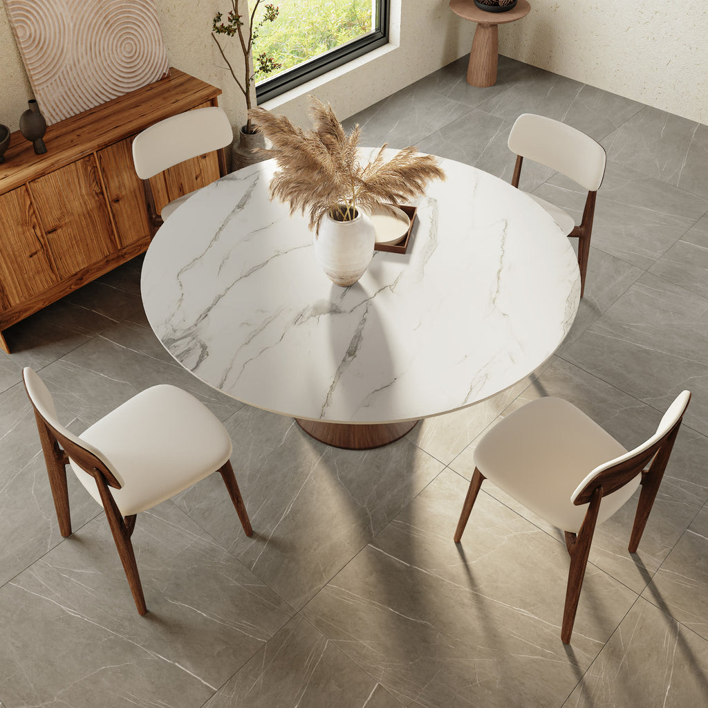 Aurelia Dark Walnut Round Solid Wood Pedestal Dining Table with Snow White Stone Top - image 5