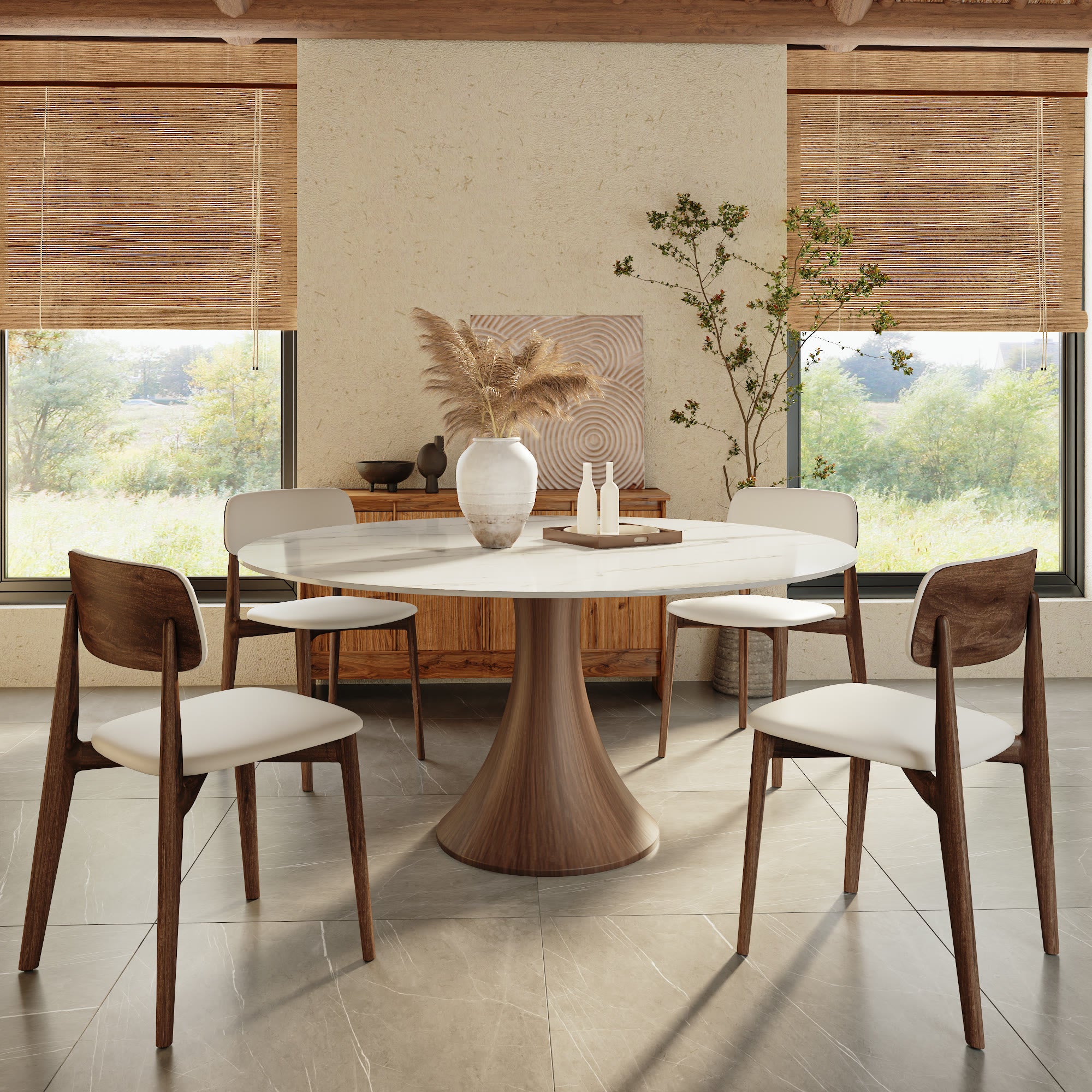 Aurelia Dark Walnut Round Solid Wood Pedestal Dining Table with Snow White Stone Top - image 4