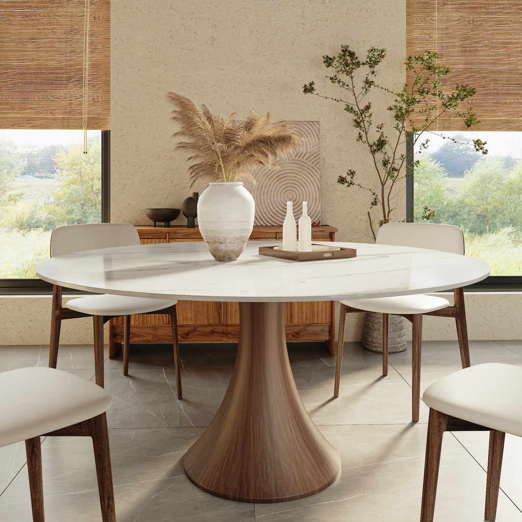 Aurelia Dark Walnut Round Solid Wood Pedestal Dining Table with Snow White Stone Top - 59.05'' W X 59.05'' D X 29.53'' H - image 0
