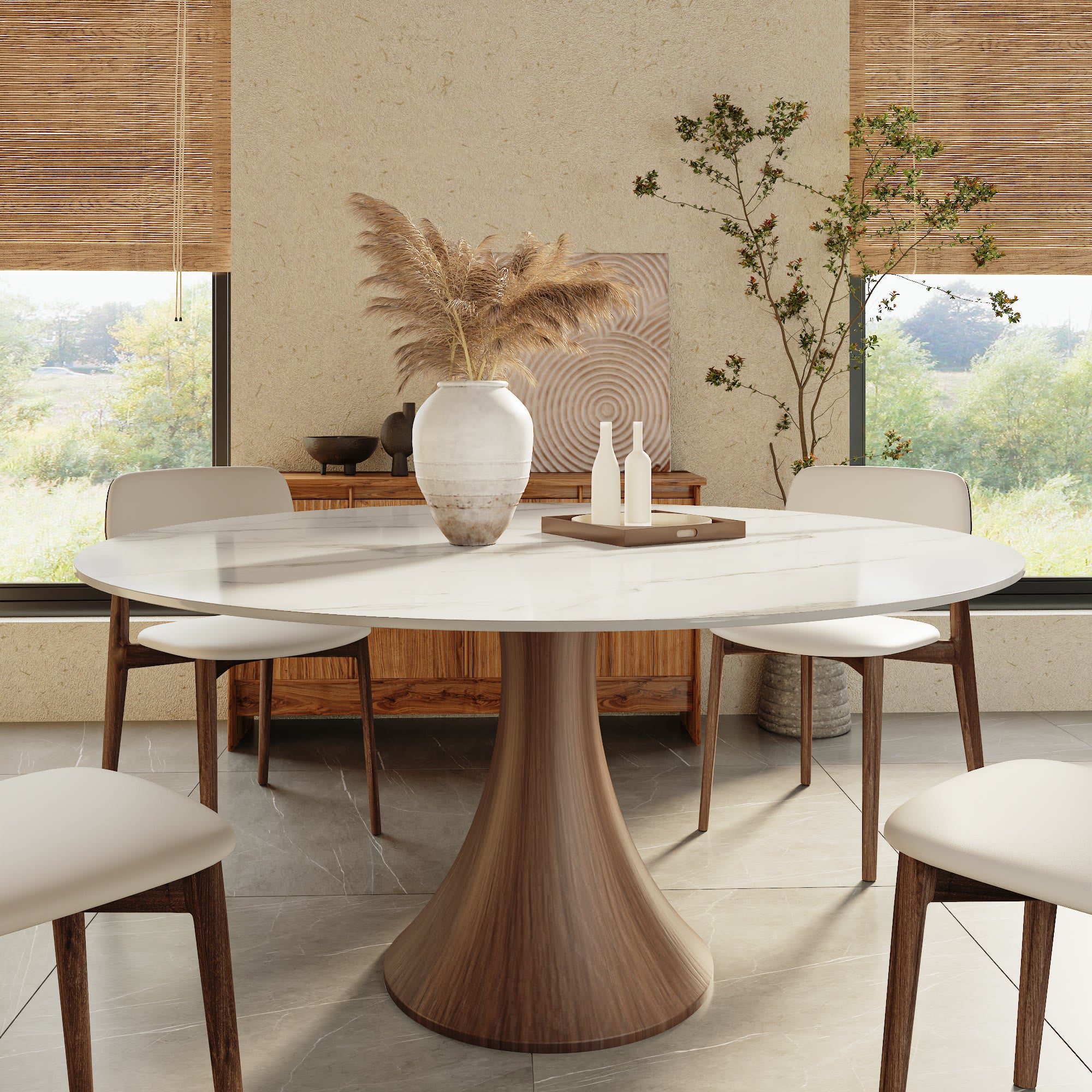 Aurelia Dark Walnut Round Solid Wood Pedestal Dining Table with Snow White Stone Top - 59.05'' W X 59.05'' D X 29.53'' H - image 0