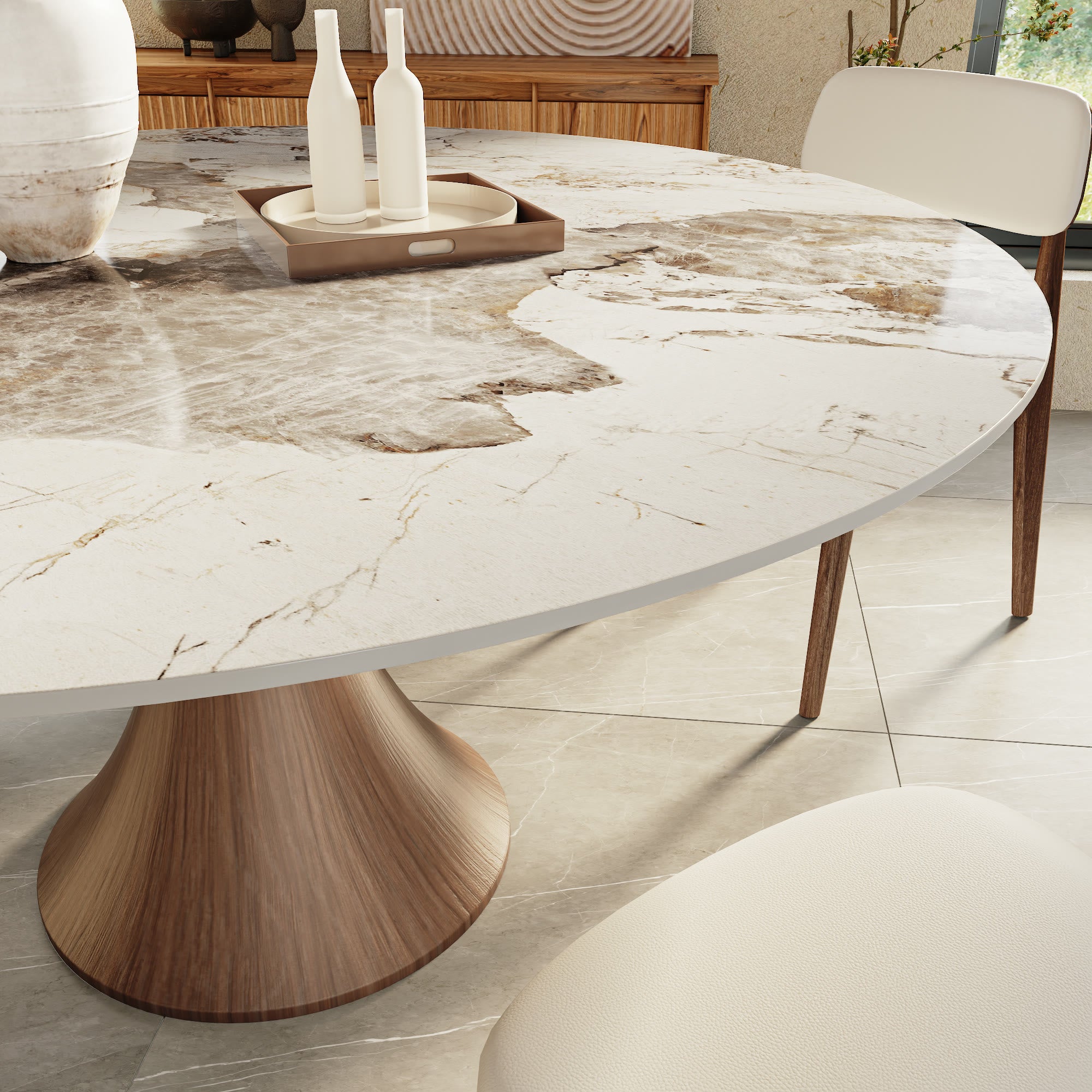 Aurelia Dark Walnut Round Solid Wood Pedestal Dining Table with Pandora Stone Top - image 3