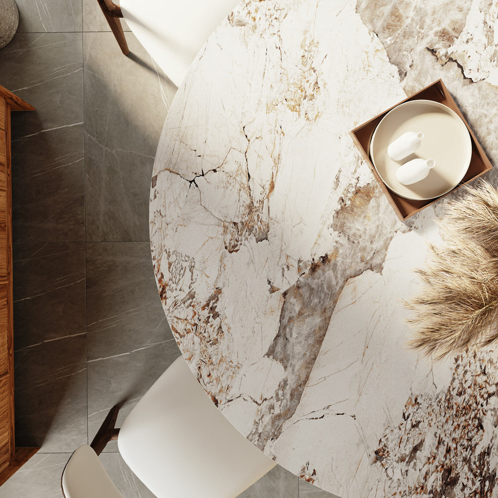 Aurelia Dark Walnut Round Solid Wood Pedestal Dining Table with Pandora Stone Top - image 9