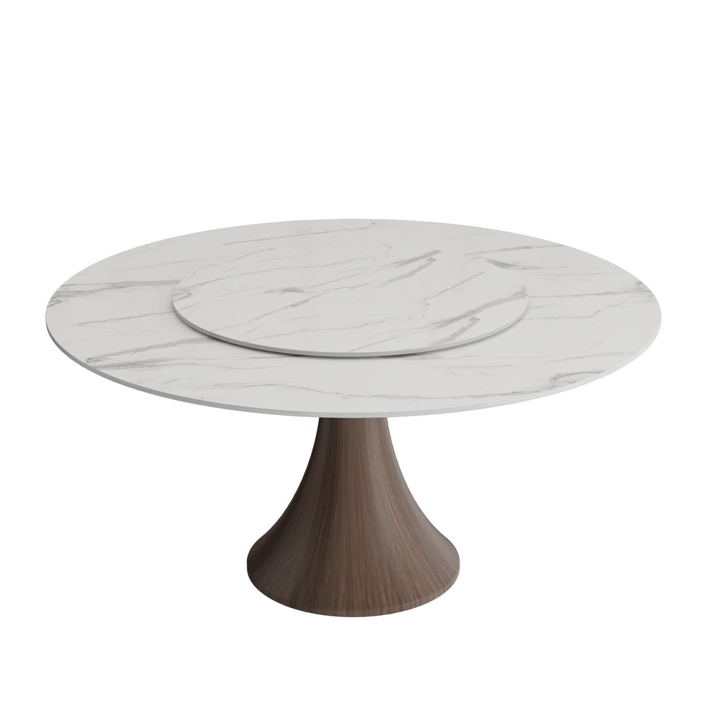 Aurelia Dark Walnut Round Solid Wood Pedestal Dining Table with Snow White Stone Top and Matching Lazy Susan - image 1