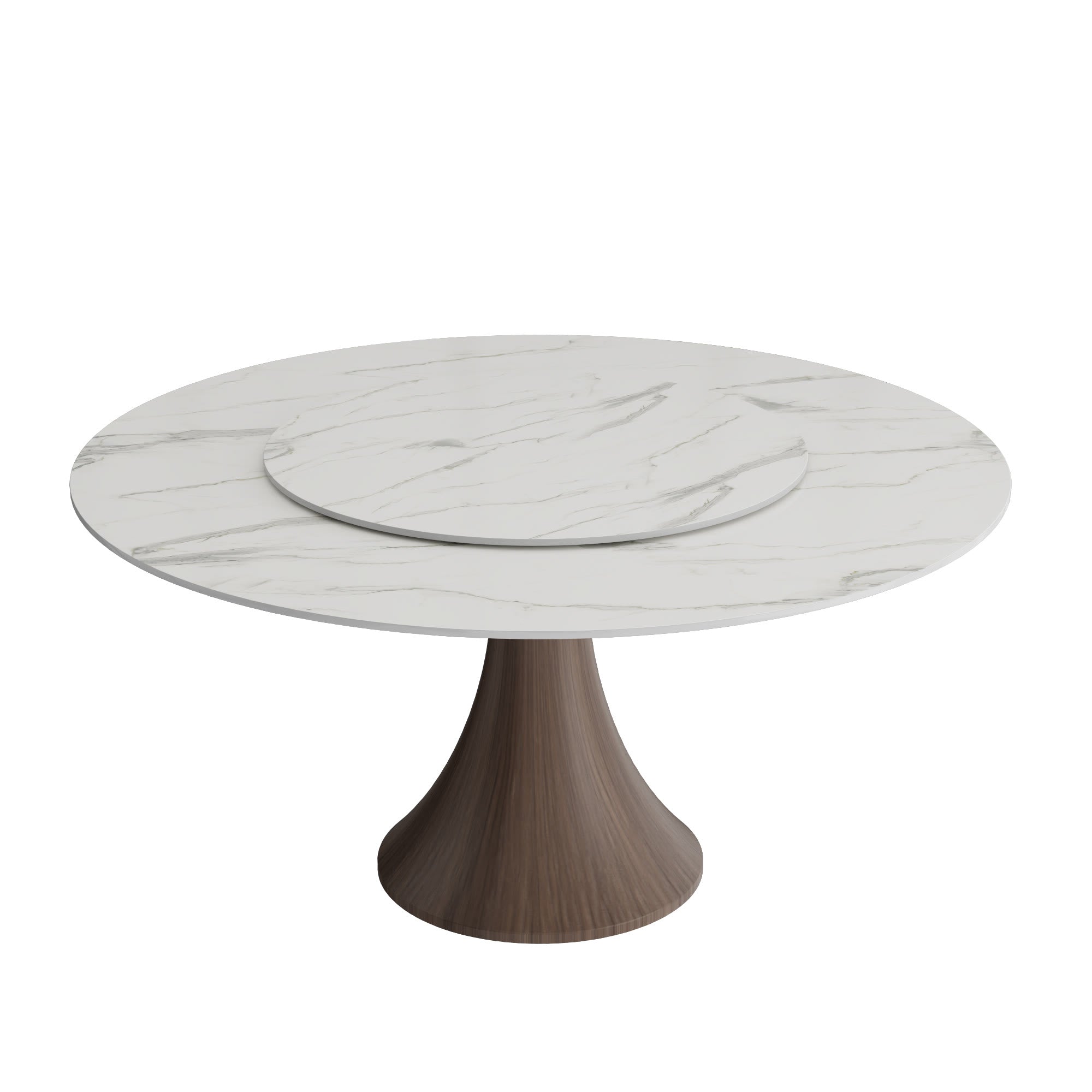 Aurelia Dark Walnut Round Solid Wood Pedestal Dining Table with Snow White Stone Top and Matching Lazy Susan - image 1