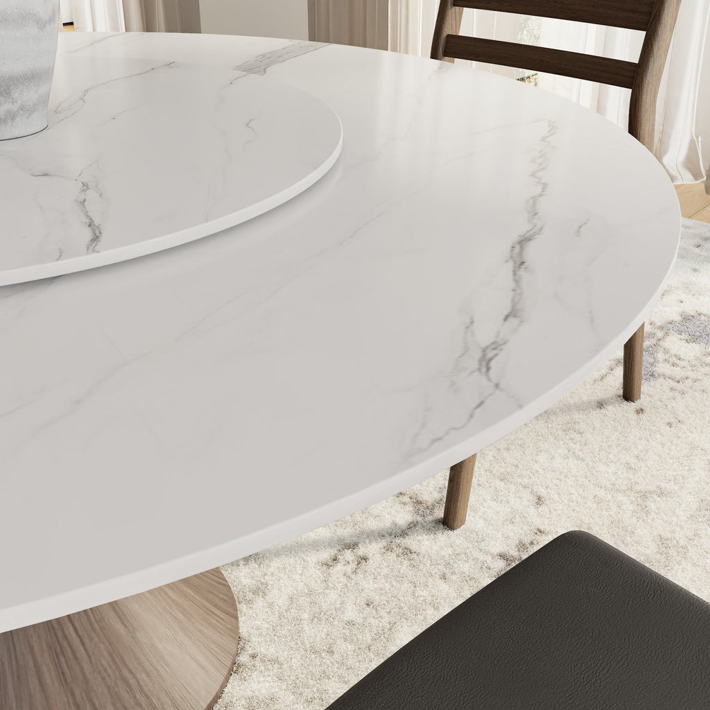Aurelia Dark Walnut Round Solid Wood Pedestal Dining Table with Snow White Stone Top and Matching Lazy Susan - image 2