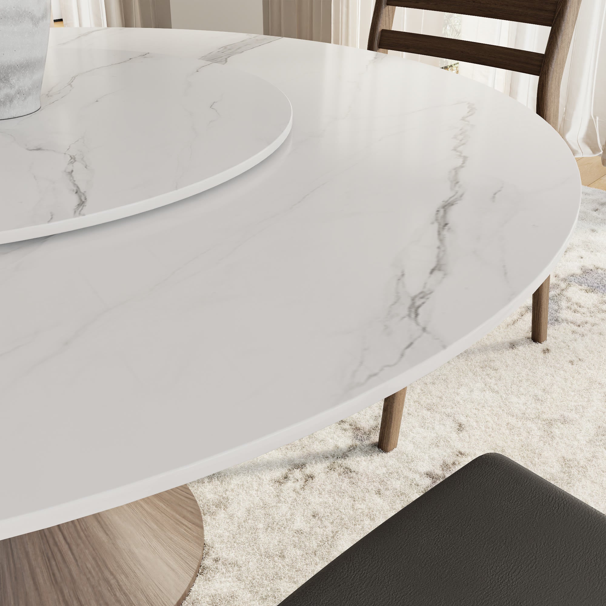 Aurelia Dark Walnut Round Solid Wood Pedestal Dining Table with Snow White Stone Top and Matching Lazy Susan - image 2