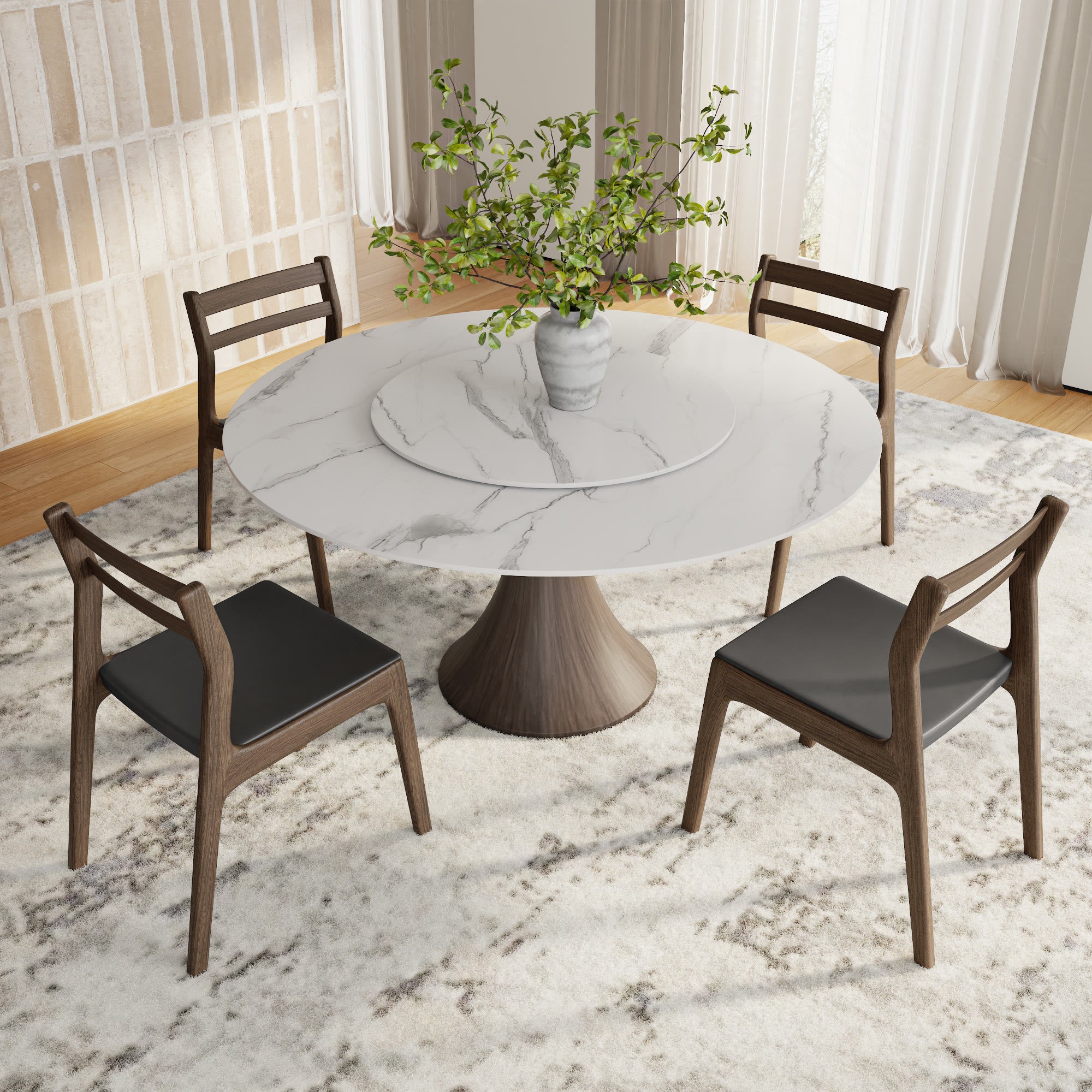 Aurelia Dark Walnut Round Solid Wood Pedestal Dining Table with Snow White Stone Top and Matching Lazy Susan - image 4