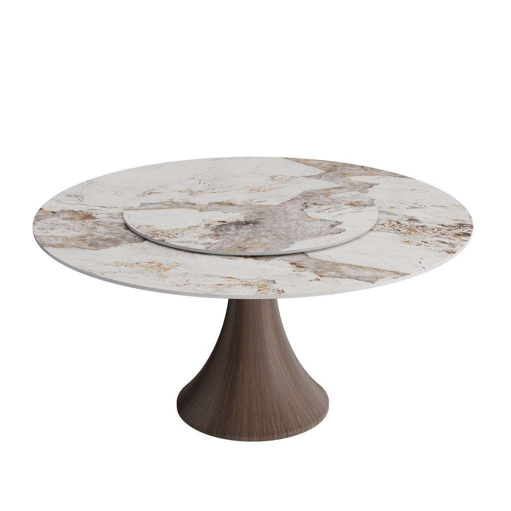 Aurelia Dark Walnut Round Solid Wood Pedestal Dining Table with Pandora Stone Top and Matching Lazy Susan - image 1
