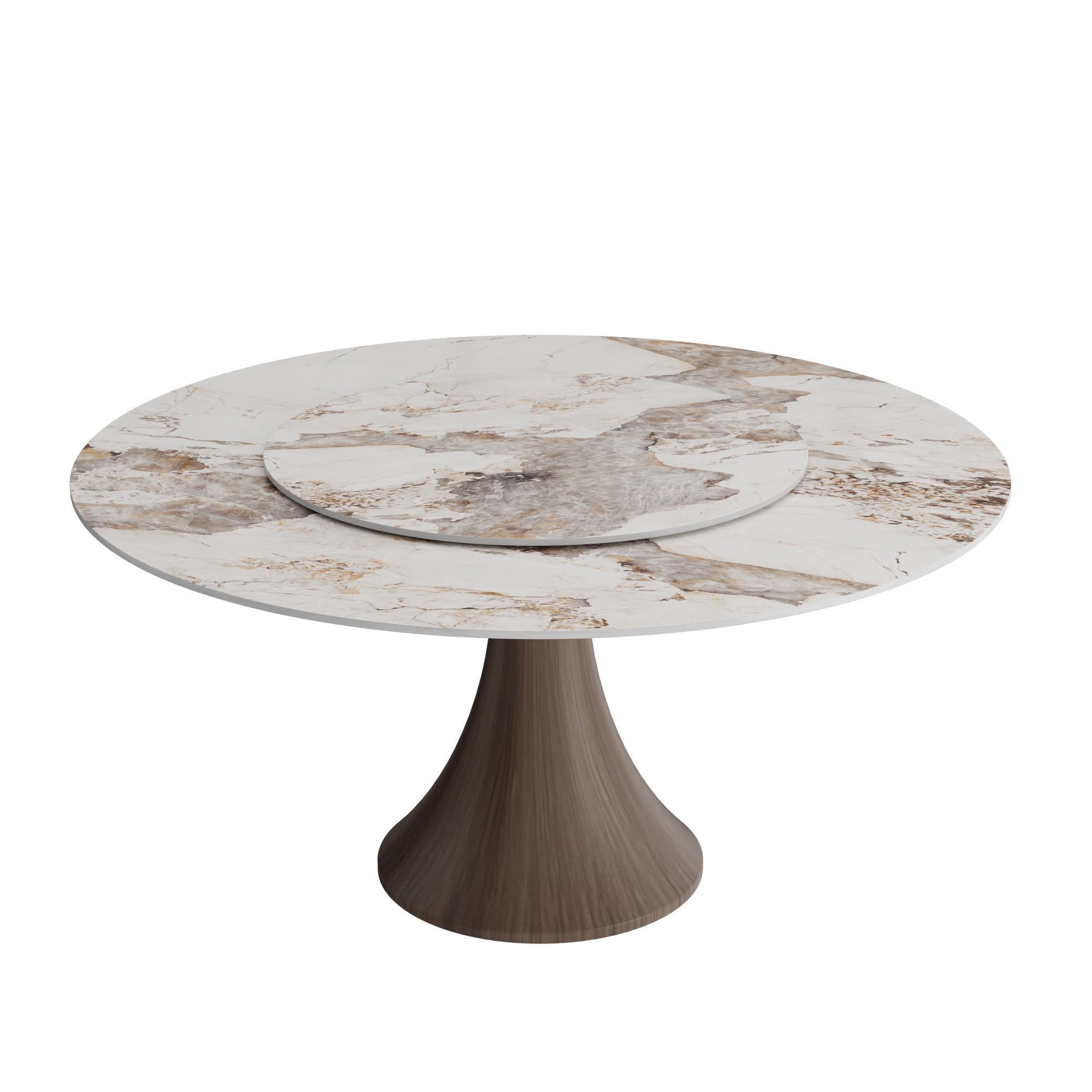 Aurelia Dark Walnut Round Solid Wood Pedestal Dining Table with Pandora Stone Top and Matching Lazy Susan - image 1