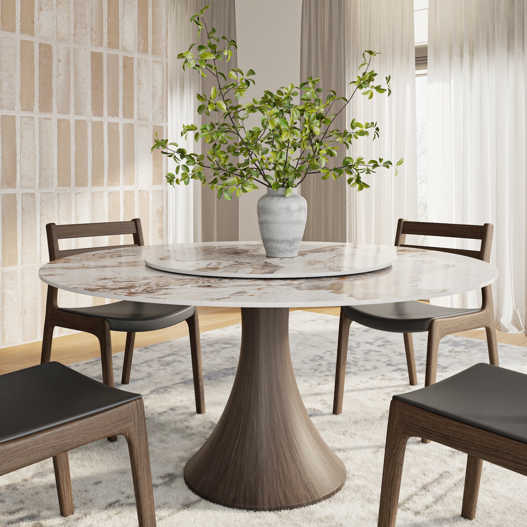Aurelia Dark Walnut Round Solid Wood Pedestal Dining Table with Pandora Stone Top and Matching Lazy Susan - 59.05'' W X 59.05'' D X 29.53'' H - image 0