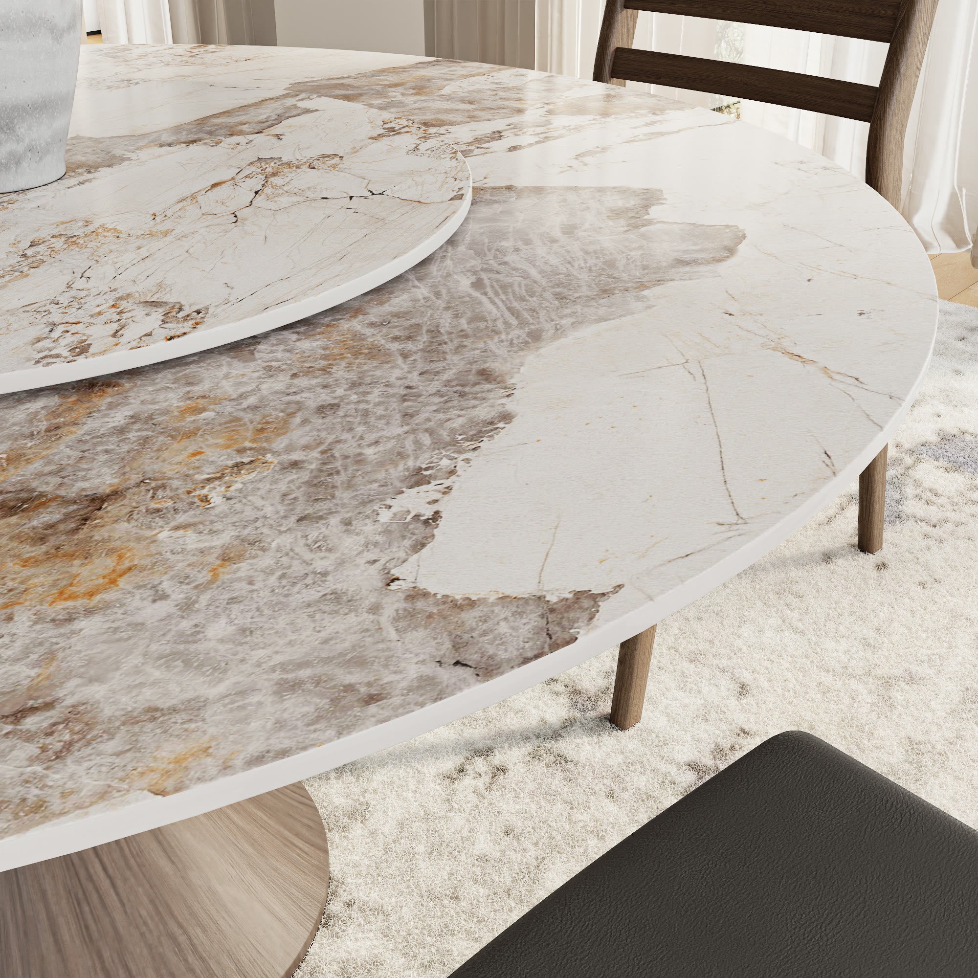 Aurelia Dark Walnut Round Solid Wood Pedestal Dining Table with Pandora Stone Top and Matching Lazy Susan - image 2