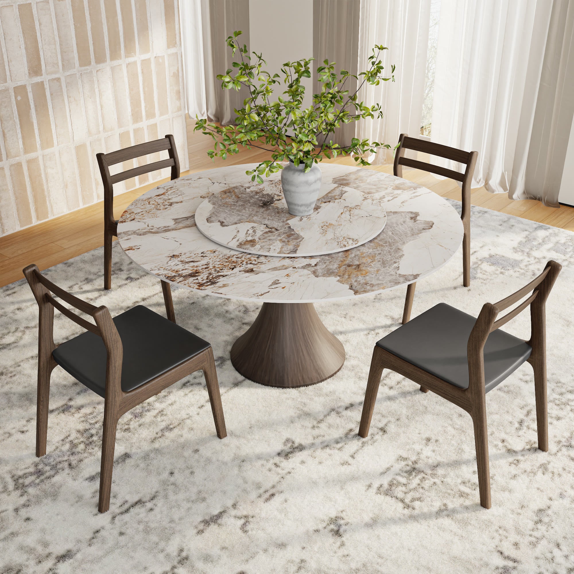 Aurelia Dark Walnut Round Solid Wood Pedestal Dining Table with Pandora Stone Top and Matching Lazy Susan - image 4