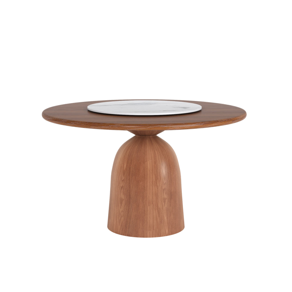 Soluna Walnut Round Solid Wood Pedestal Dining Table with Solid Wood Top and Snow White Stone Lazy Susan - image 1